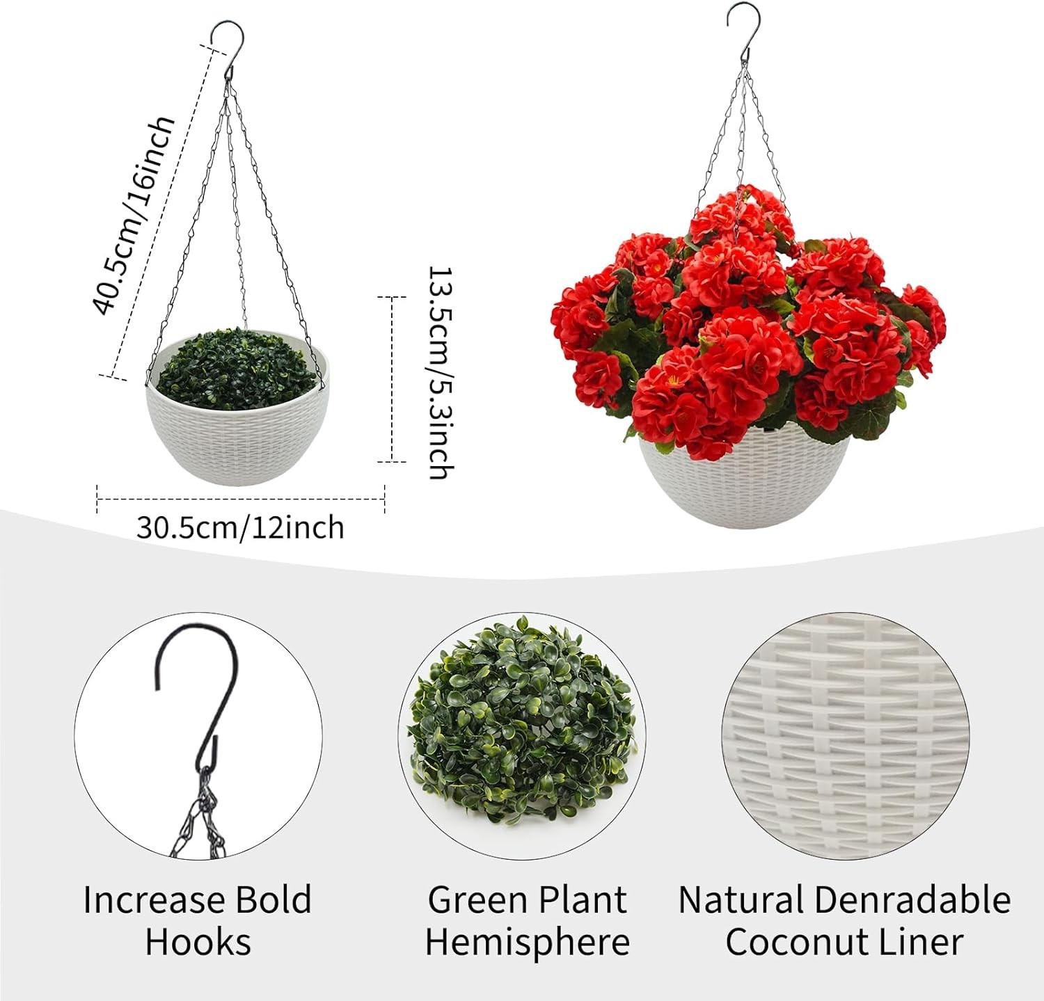 2Pcs Artificial Geranium Hanging Baskets Faux Flowers Indoor Outdoor Display
