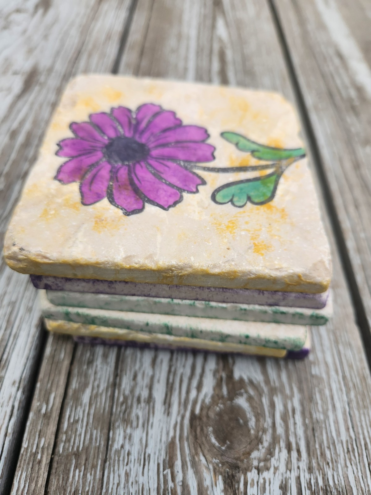 Handmade Floral Stone Tile Coasters Set 6 Flower Art Unique Home Decor Gift