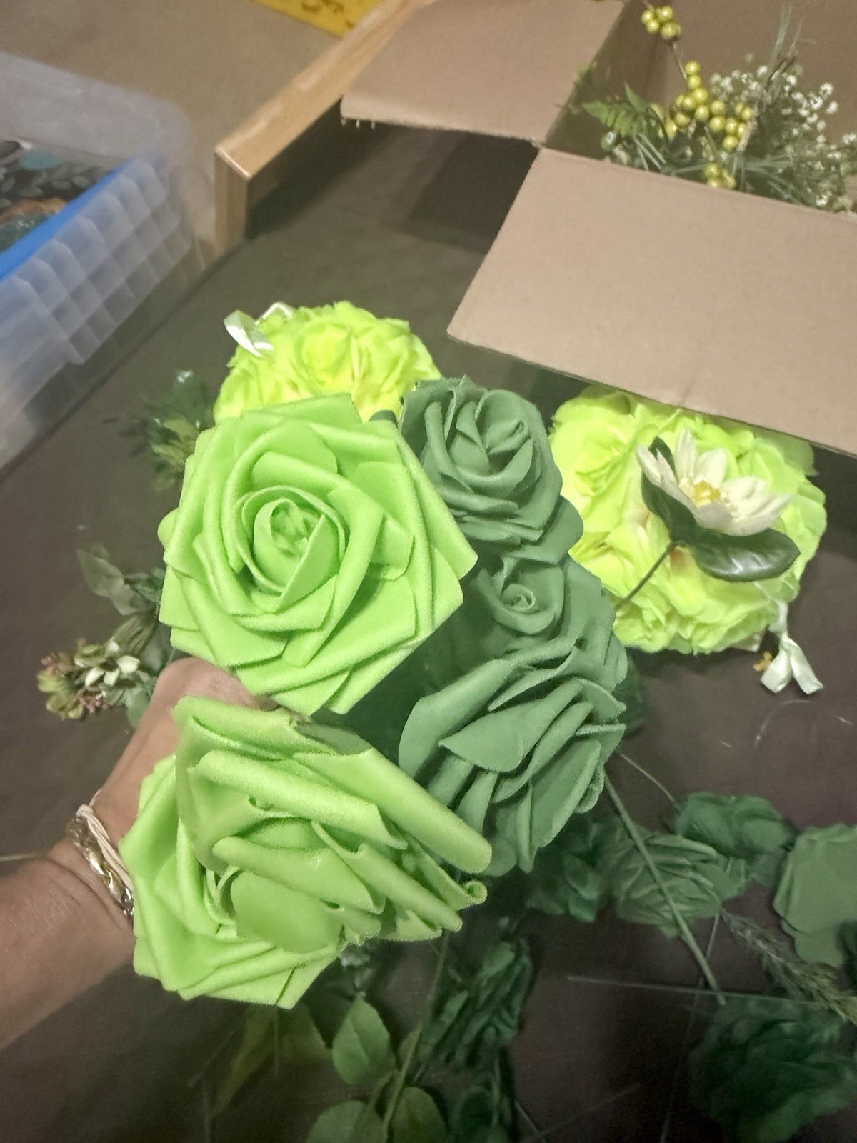 Large Lot / Box of Miscellaneous Artificial Silk Flowers – Bright Green Shades