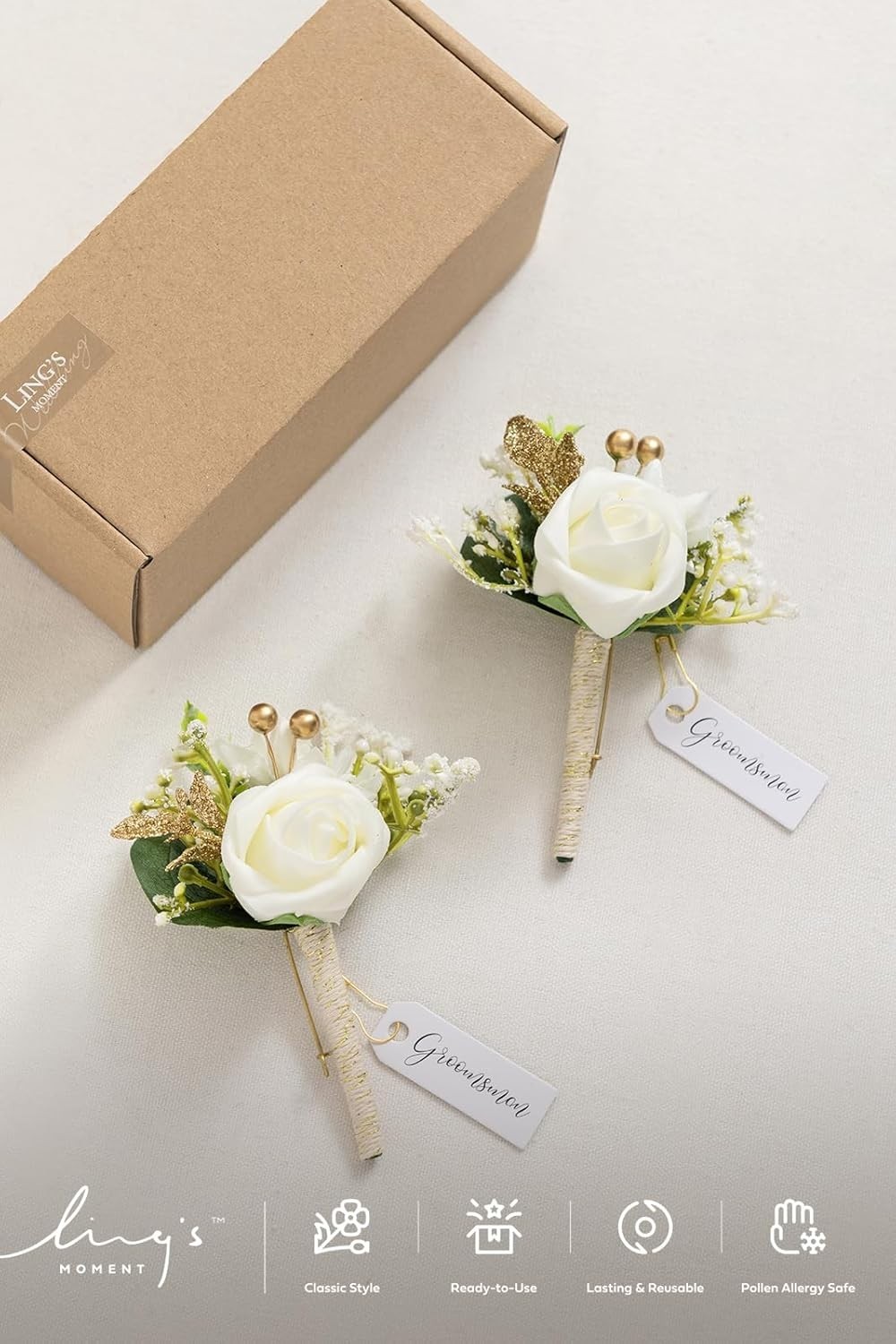 2pcs White Baby Breath Boutonniere Set – Perfect for Weddings, Proms, & More