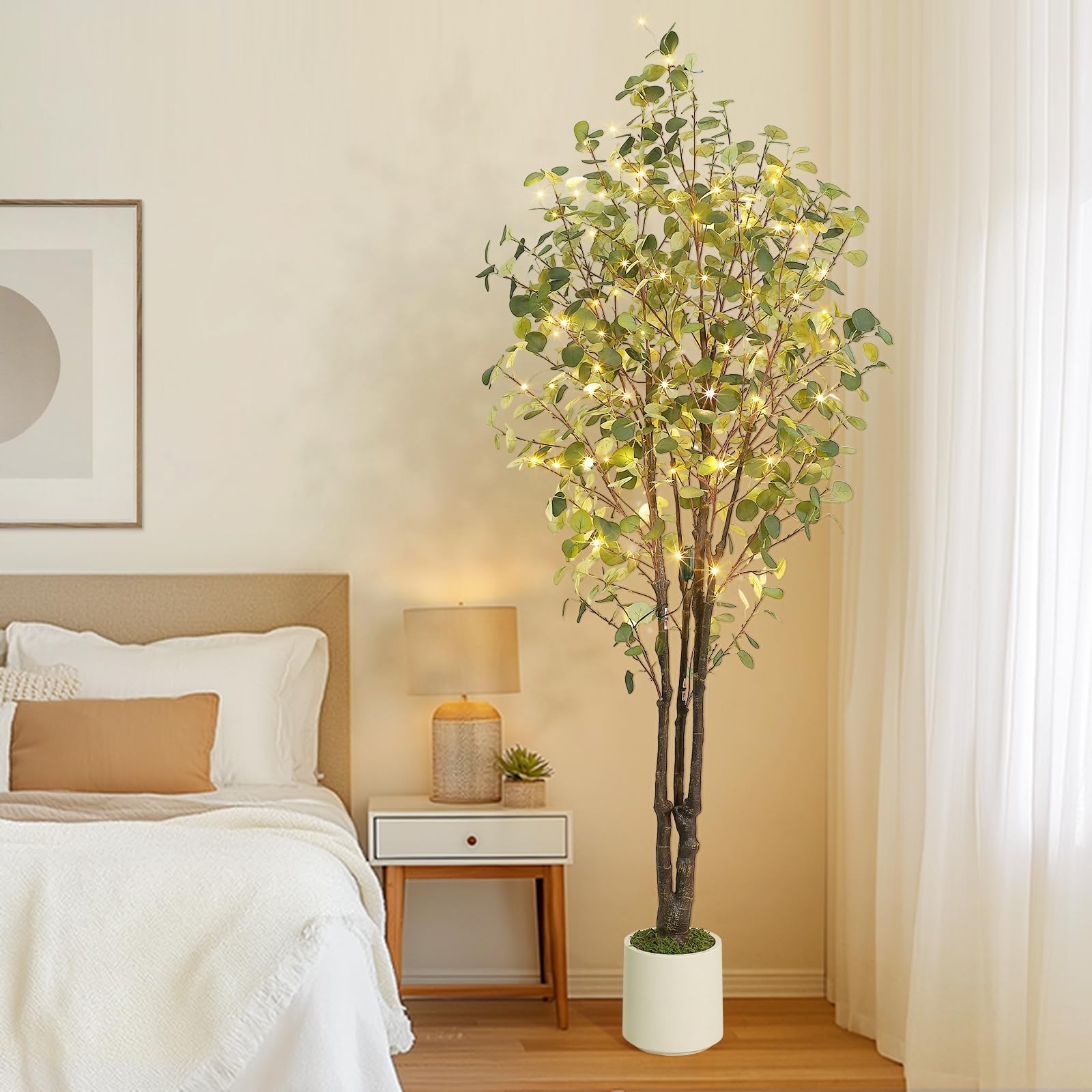 Artificial Eucalyptus Tree, 7 ft Tall Fake Artificial Plant with White Plante…