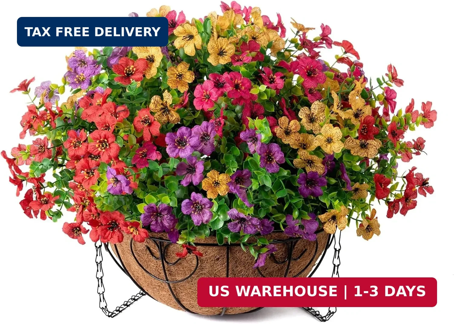 HyeFlora Artificial Faux Hanging Plants Flowers Basket for Summer Outdoor Outsid
