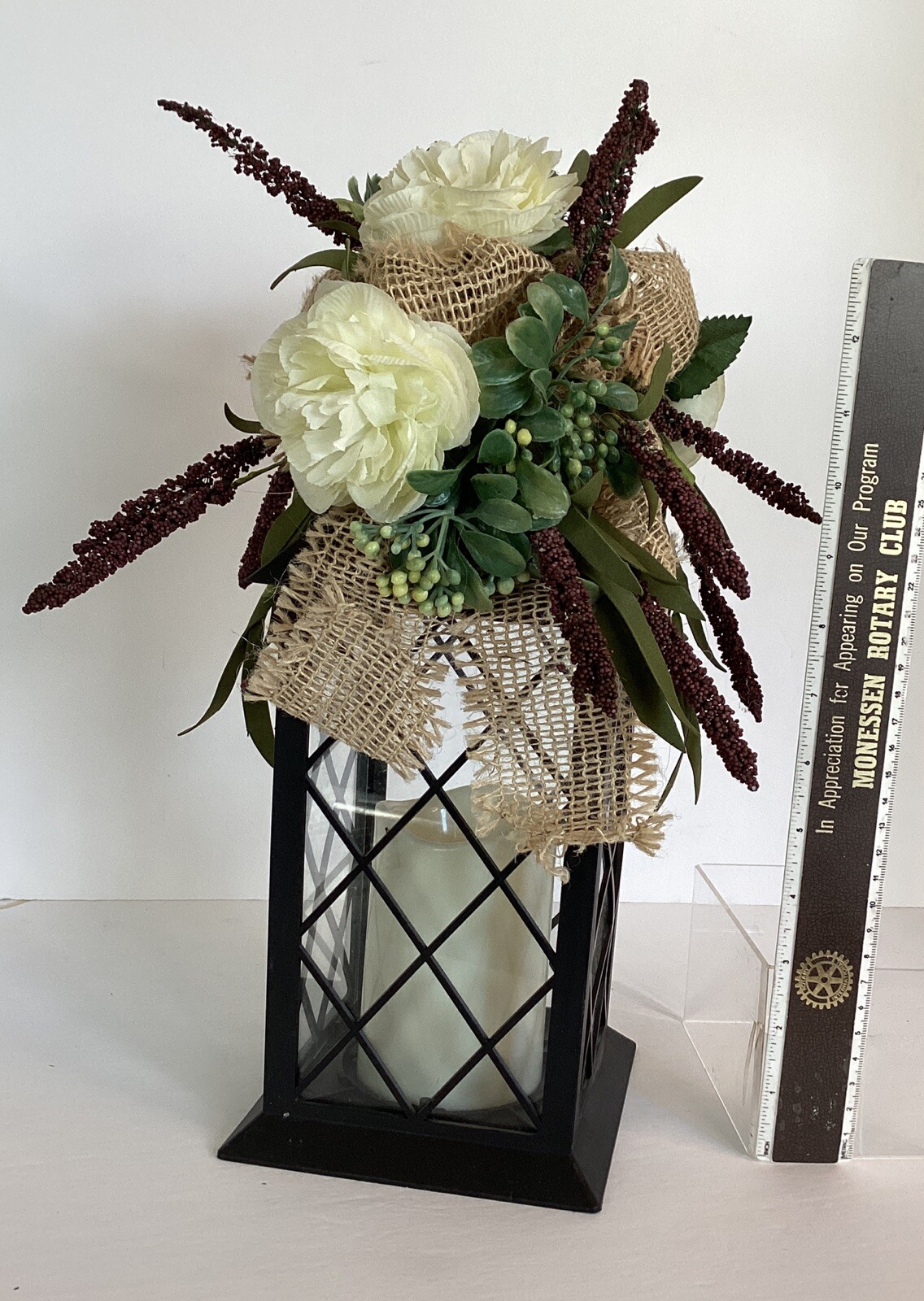 Multi Color Light Lantern with Flowers and Burlap Indoor Outdoor Decor 14.4″