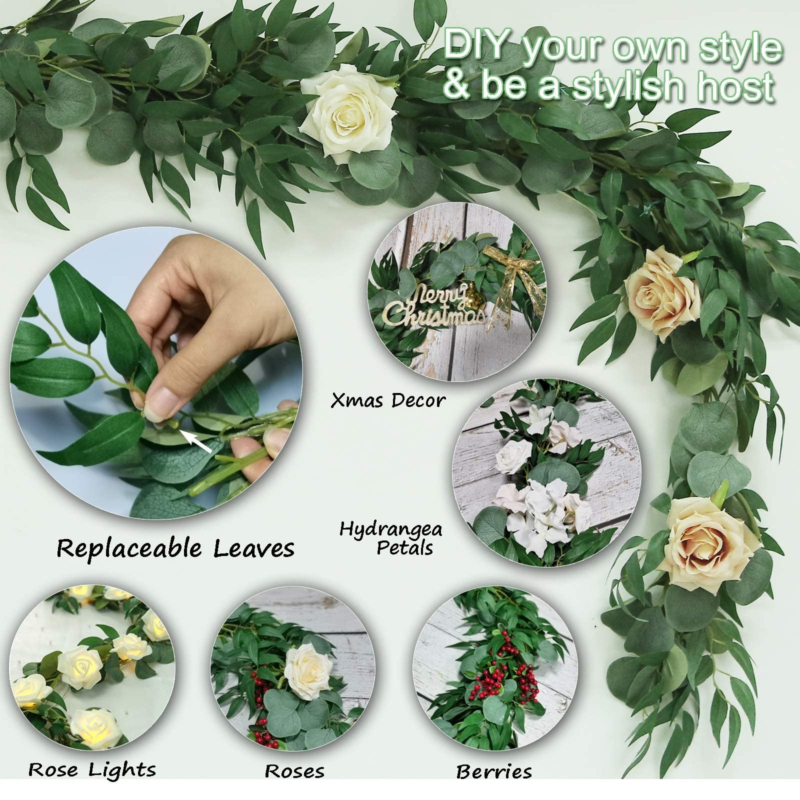 4 Pack Artificial Eucalyptus Garland with Willow Leaves Each 6.5 Feet Fake Gr…