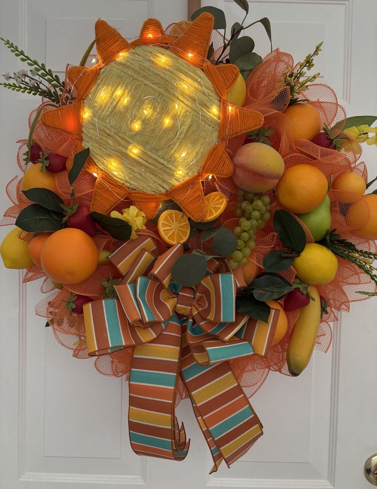 Mixed Fruit, Hanging wreath, Summer/fall. Handcrafted. New. Lights. 24”.