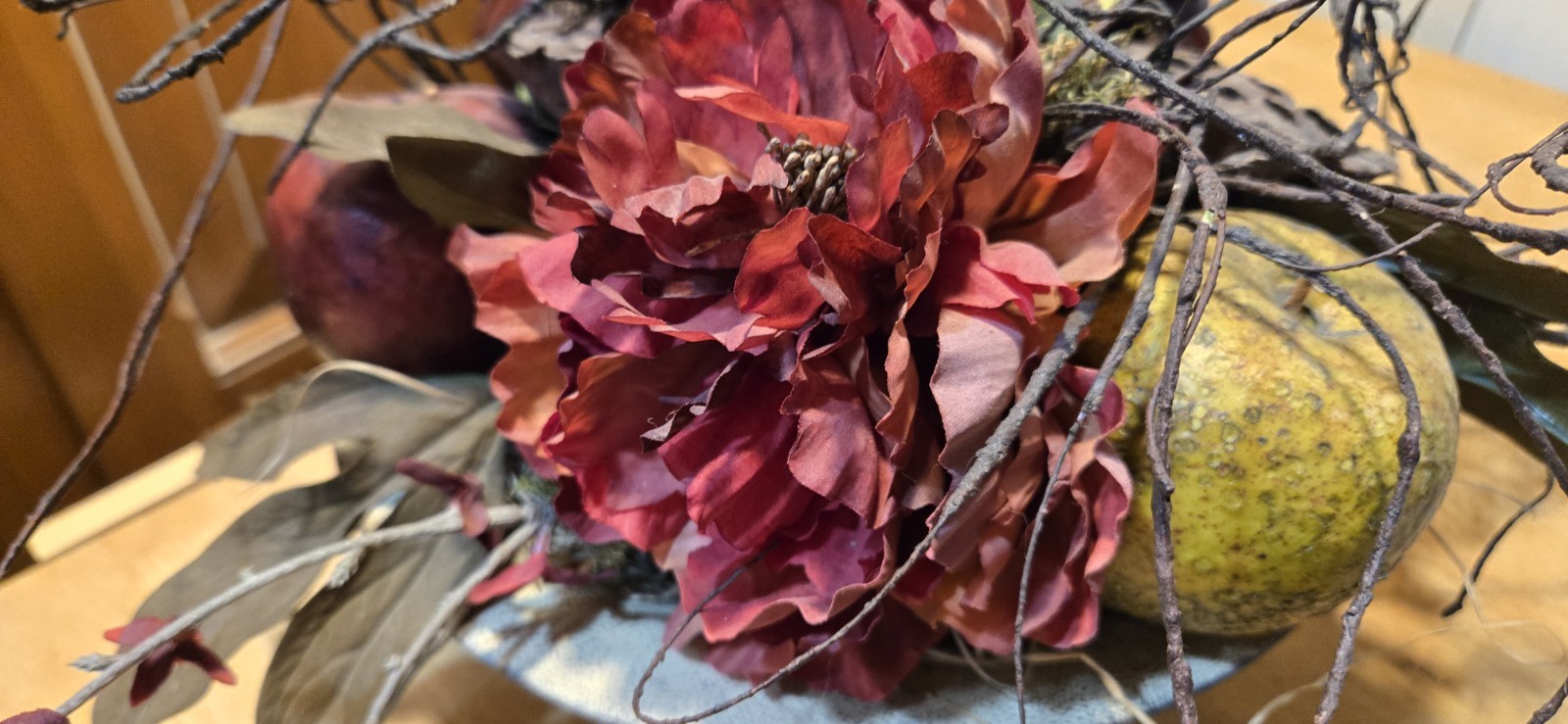 Arrangement of Dried Fruits & Flowers Centerpiece Metal Compote 14WX14WX13″Tall