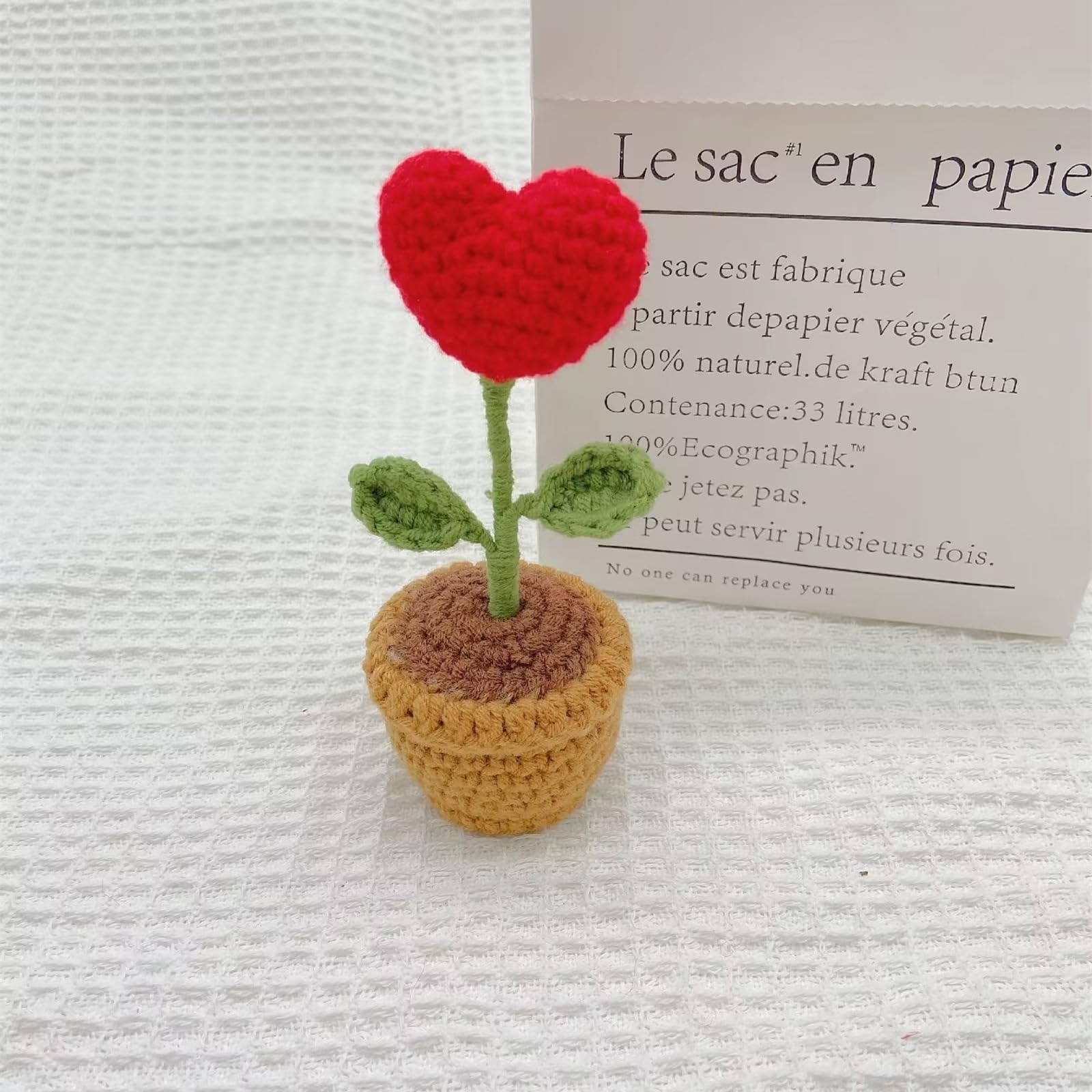 3 PCS Mini Crochet Red Rose Potted Plant Hand Knitted Rustic Table Decor Home