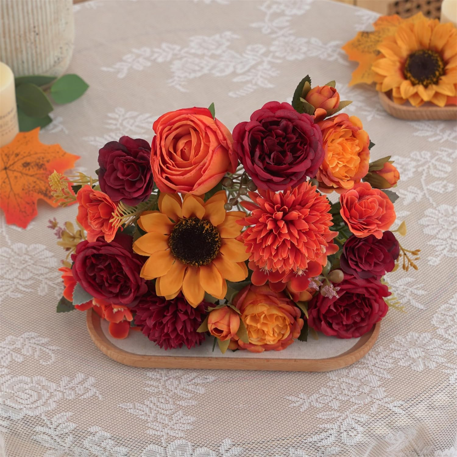 4 Pcs Mixed Autumn Artificial Peony Flower Set-2 Bouquets & 2 Stems, Burnt Orang