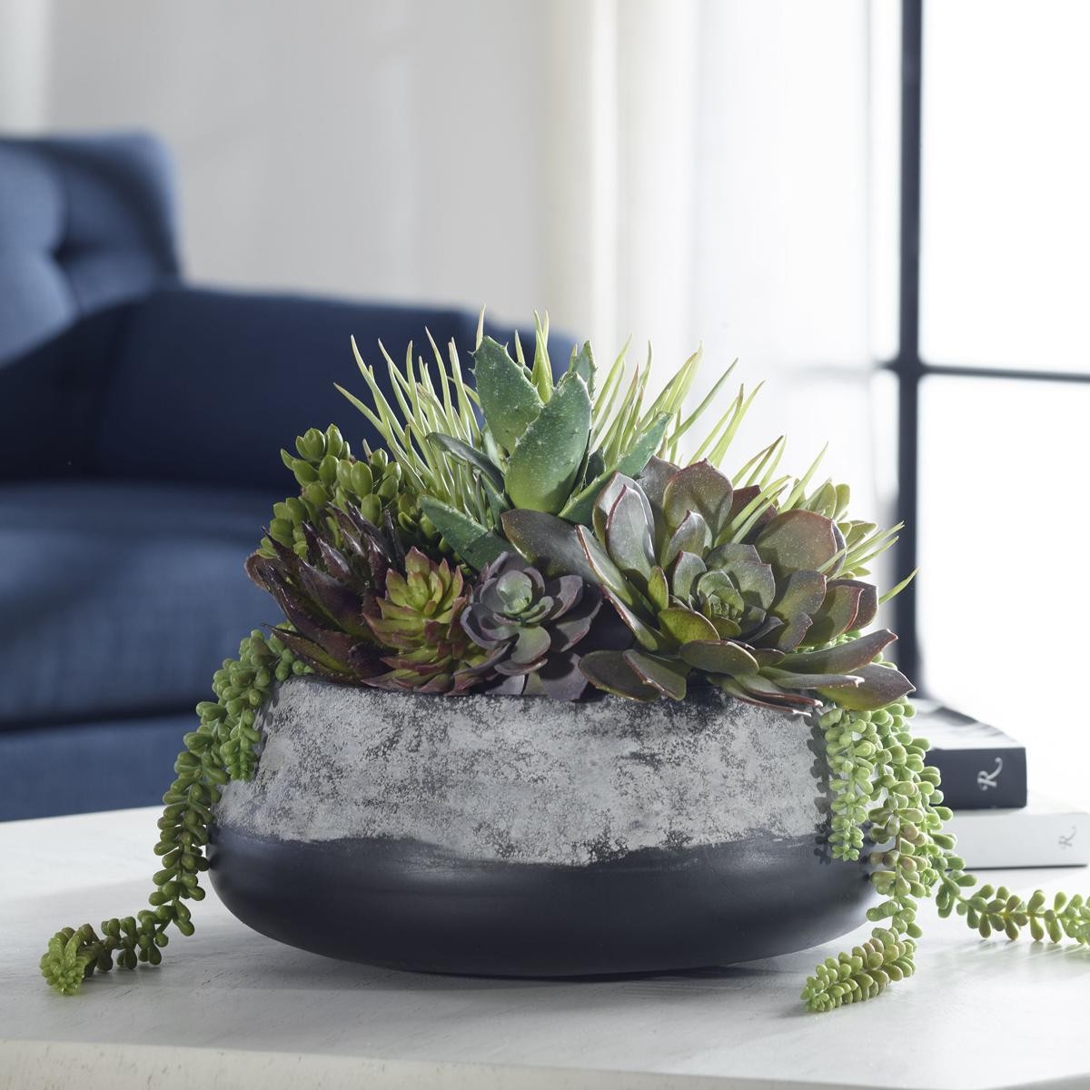 Uttermost 60214 Yuma Green and Burgundy with Dark Iron Succulent Centerpiece