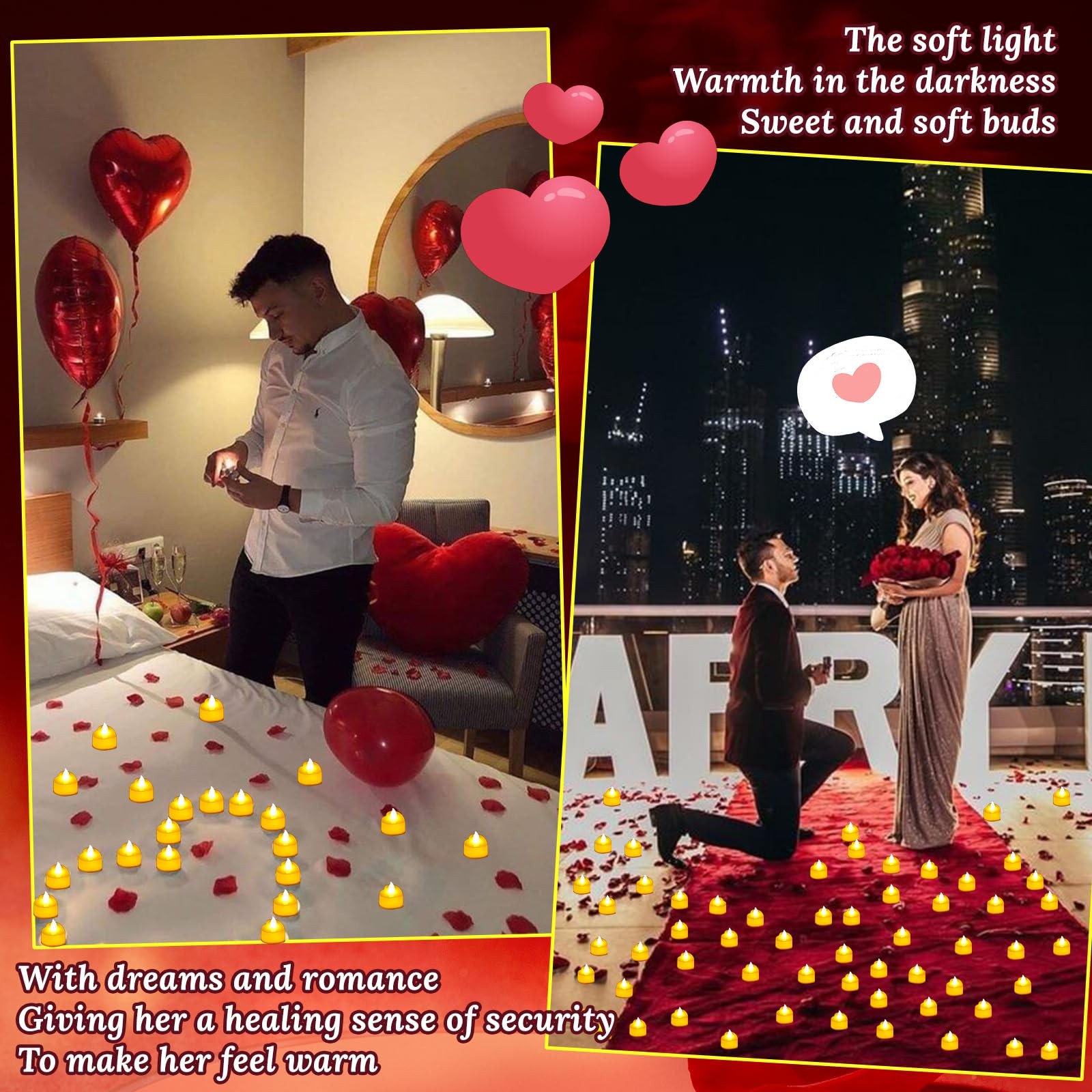 4000 PCS Rose Petals 48 PCS Heart LED Tealight Candles Warm White Valentines