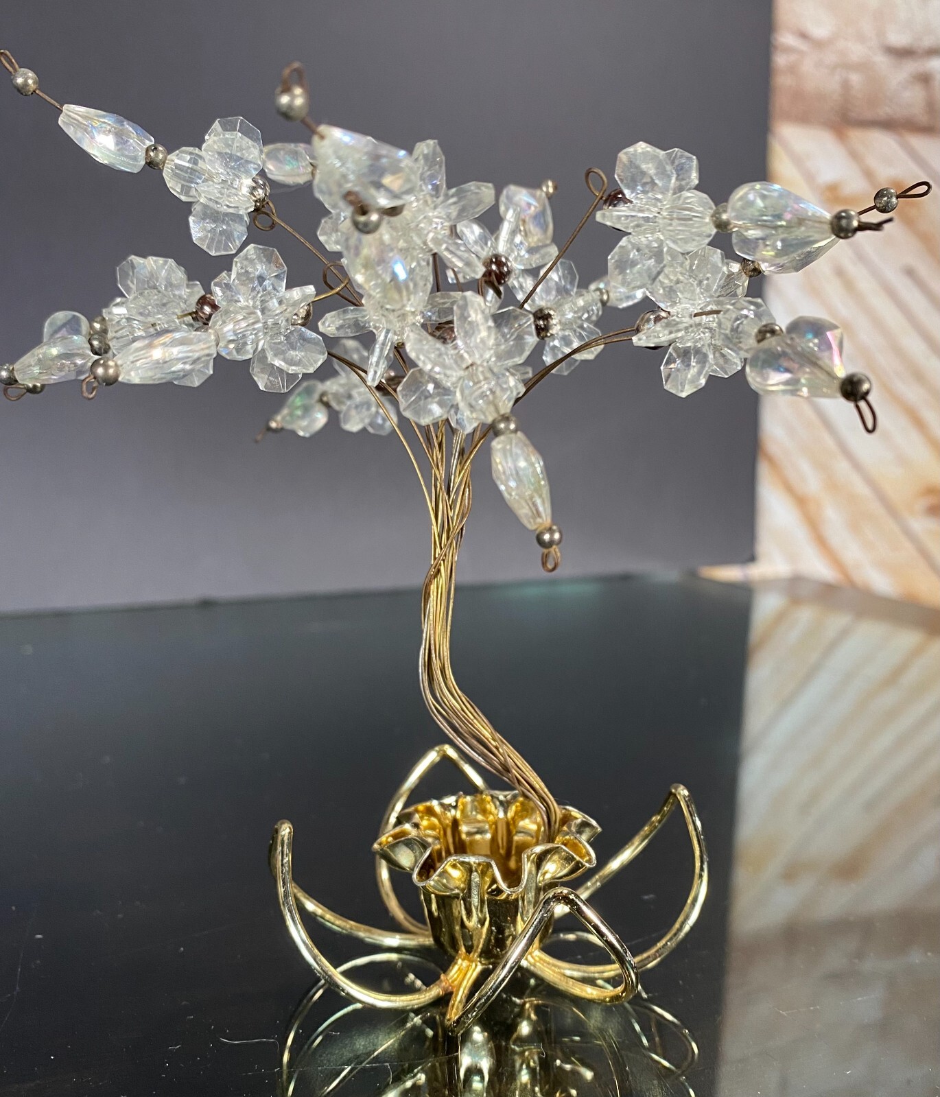 Vintage Twisted Wire Acrylic Beads Hearts Bonsai Money Luck Trees in Brass Pots