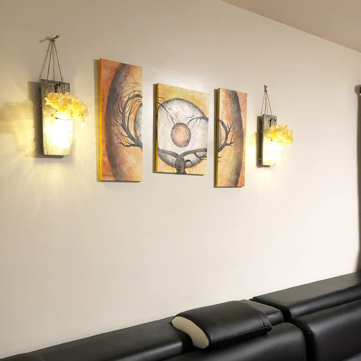 Rustic Wooden Wall Hanging Decor w LED String Lights, 6 Hour Timer Set of 2 Grey