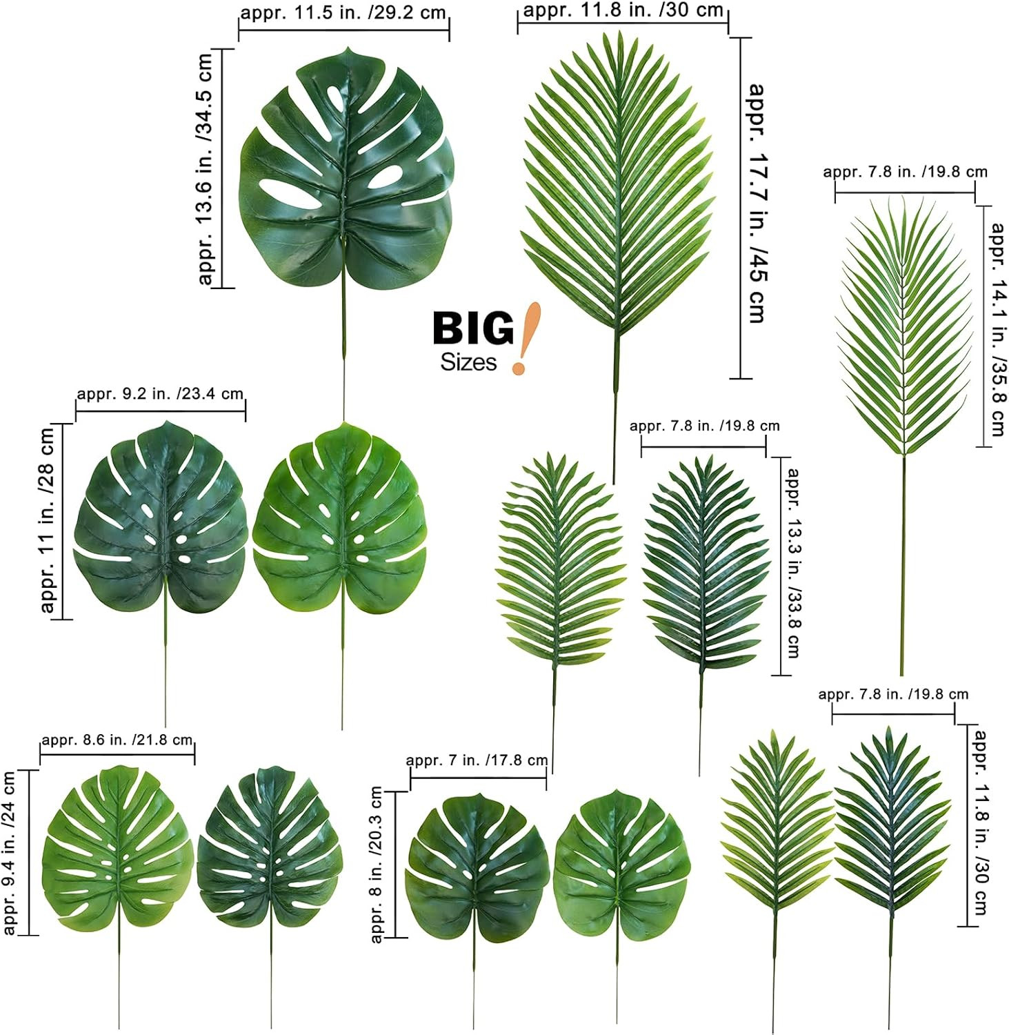 13 Pcs Tropical Faux Monstera and Palm Leaves Set Luau Wedding Decor