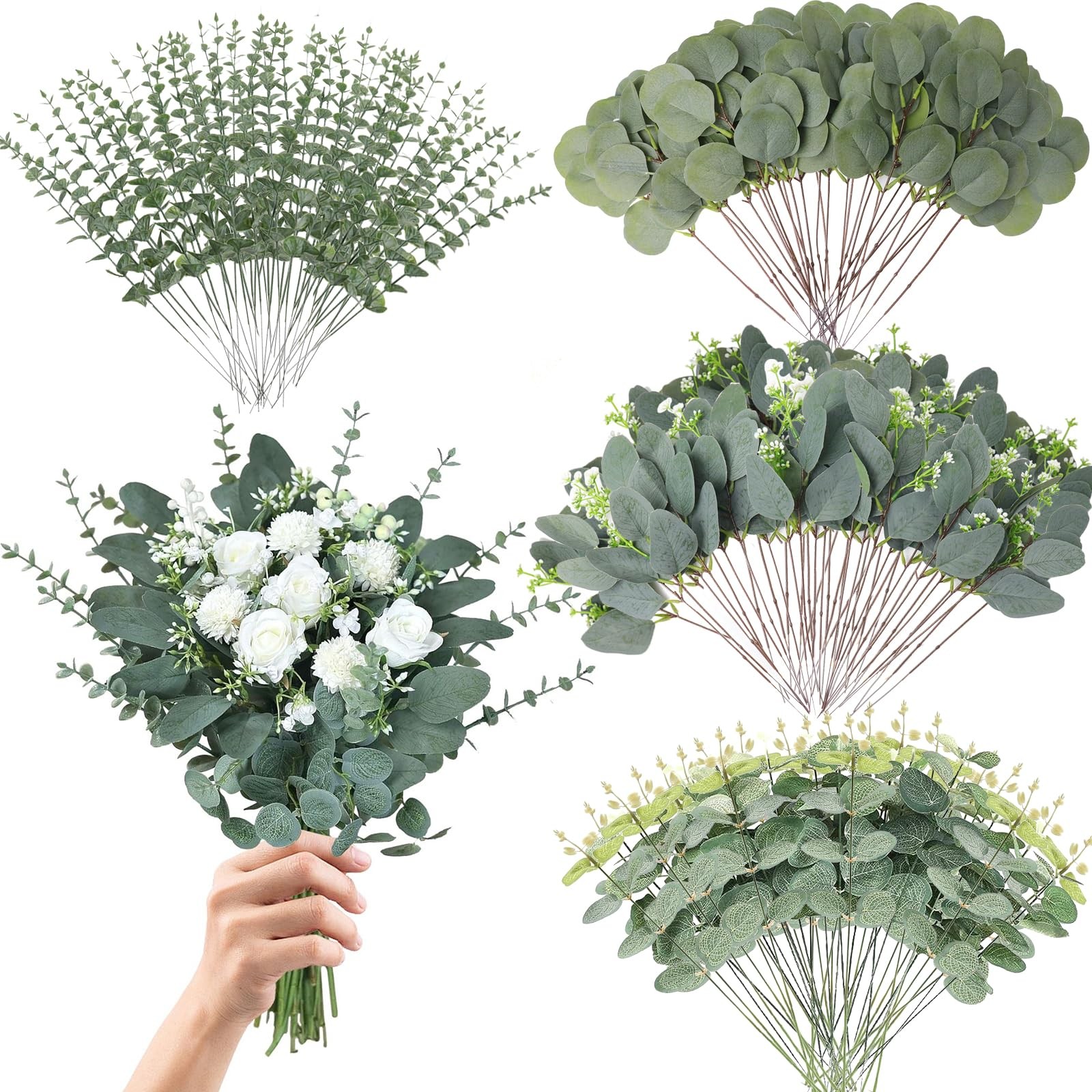 Eucalyptus Leaves Stems 150 PCS, 4 Kinds Mixed Artificial Greenery Stems for