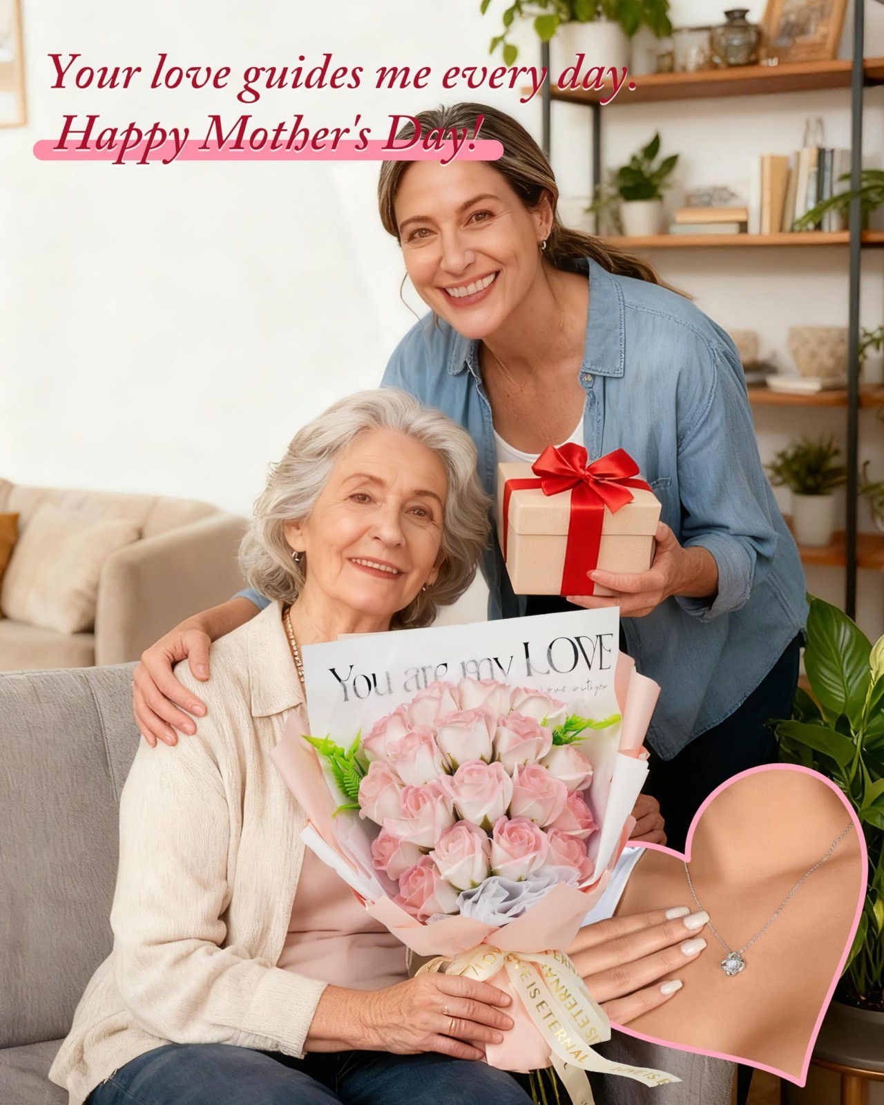 Artificial Roses Bouquet – 18 Preserved Flowers with Necklace – Unique Gift for