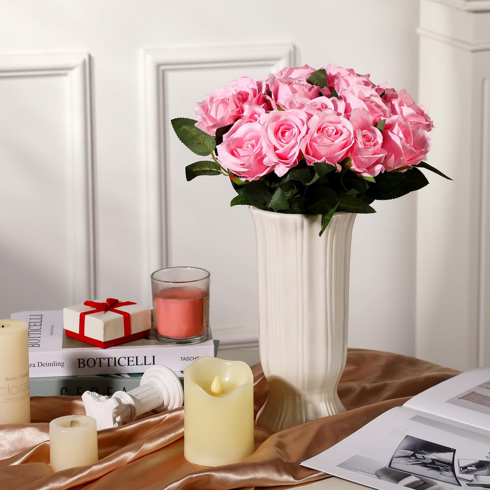 24 Pcs Pink Rose Artificial Flowers with Long Stem Real Touch Silk Plastic Bo…