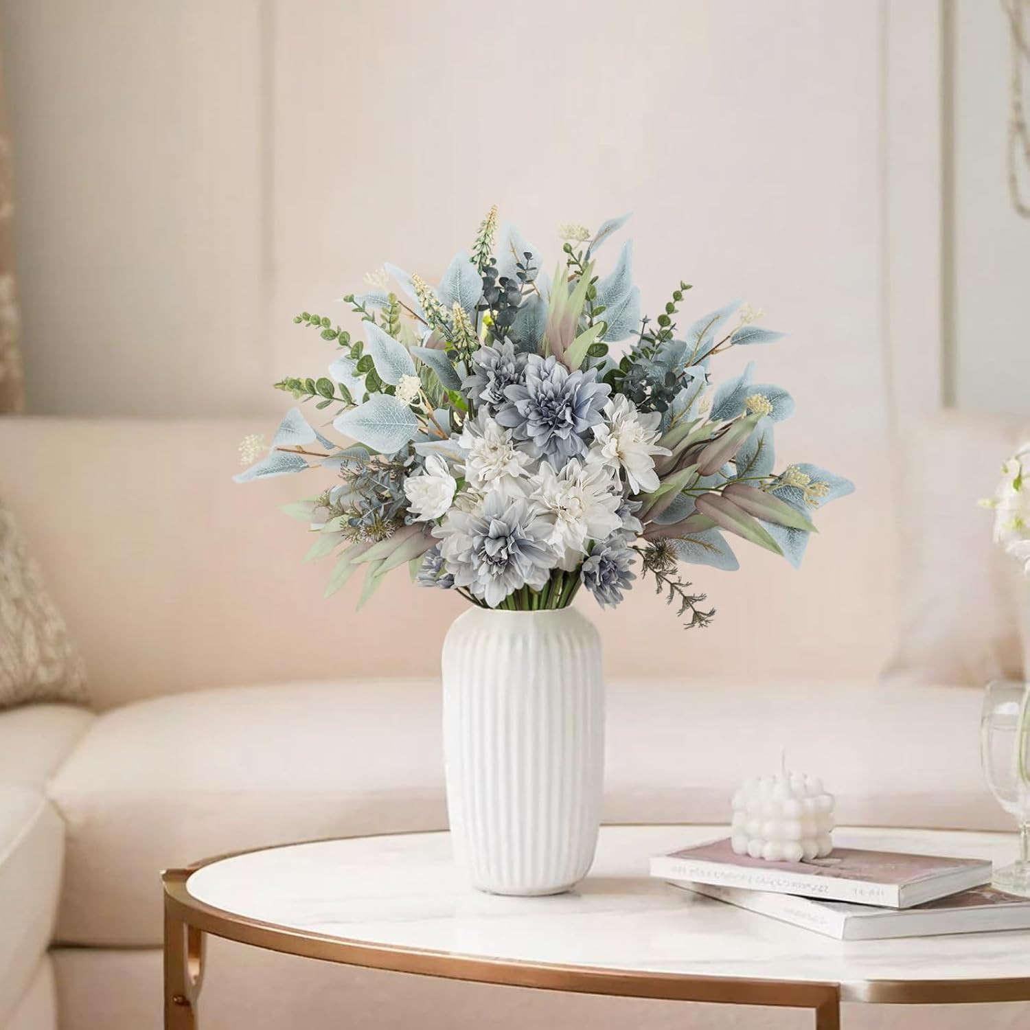2 Pcs Blue White Faux Flower Bouquet for Home Decor & Wedding Centerpieces