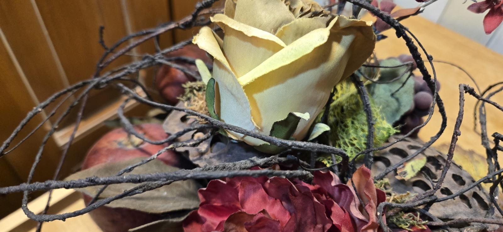 Arrangement of Dried Fruits & Flowers Centerpiece Metal Compote 14WX14WX13″Tall