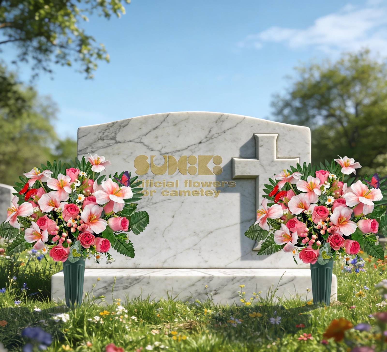 Grave Flowers Memorial Day Spring Pink Bouquet With Vase Headstone 1 PCS