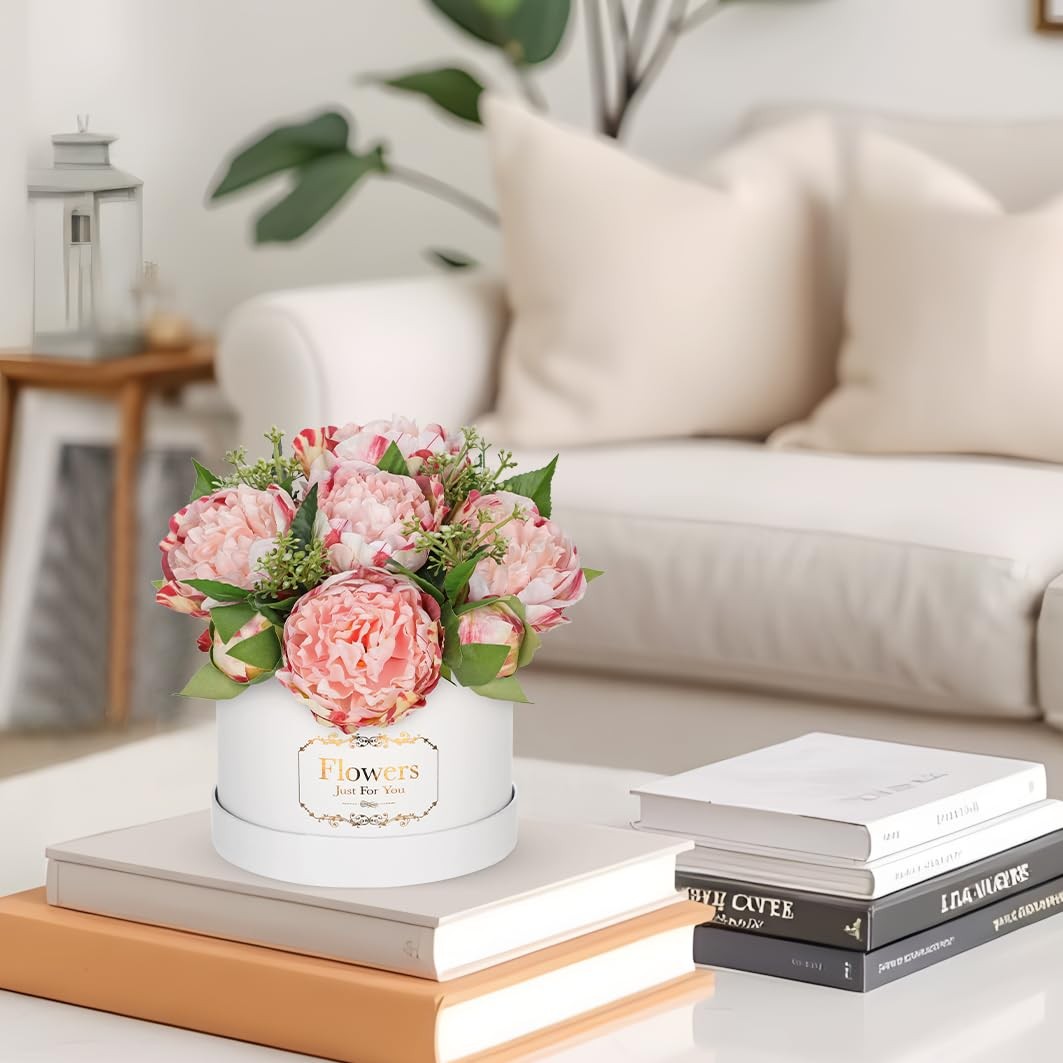 Pink Peonies Artificial Flowers in Vase Round Gift Boxes Fake Arrangements