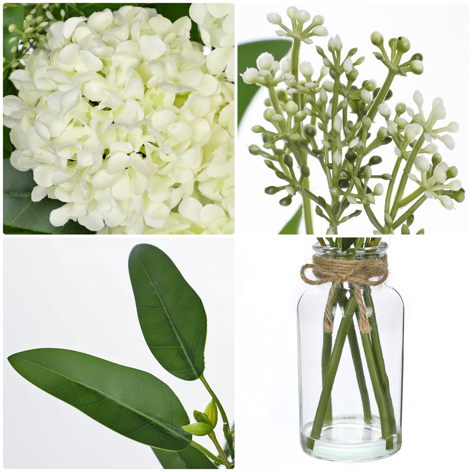 White Hydrangea Artificial Flowers in Clear Glass Vase with Faux Water Silk H…
