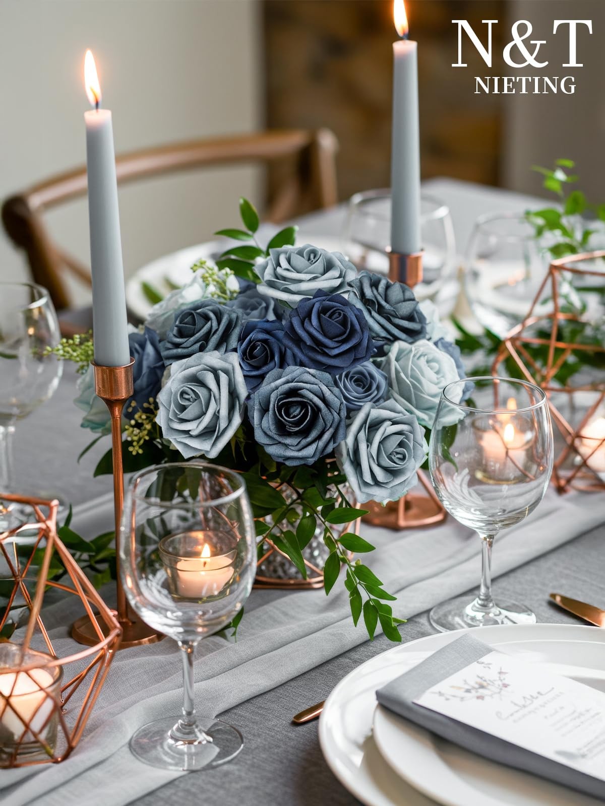 25 PCS Fake Roses Artificial Flowers Dusty Blue Shades Navy Blue Decoration