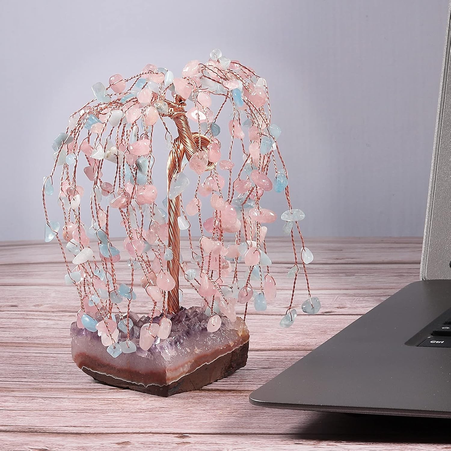 SUNYIK Rose Quartz and Aquamarine Healing Crystal Money Tree Set on Pink/Blue