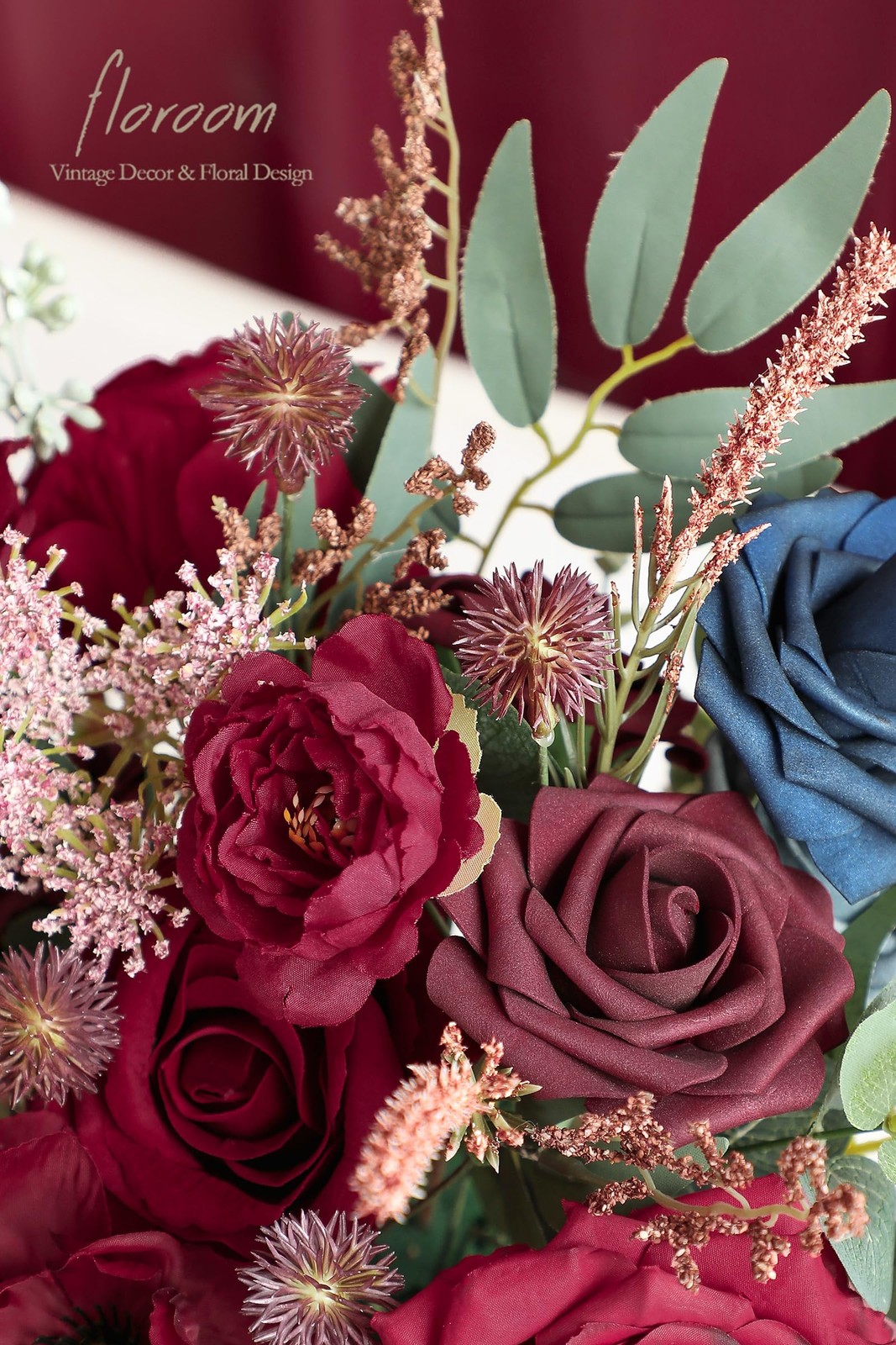 Burgundy, Navy Blue Artificial Flowers, Combo Box, Roses, Peonies, DIY Bouquet