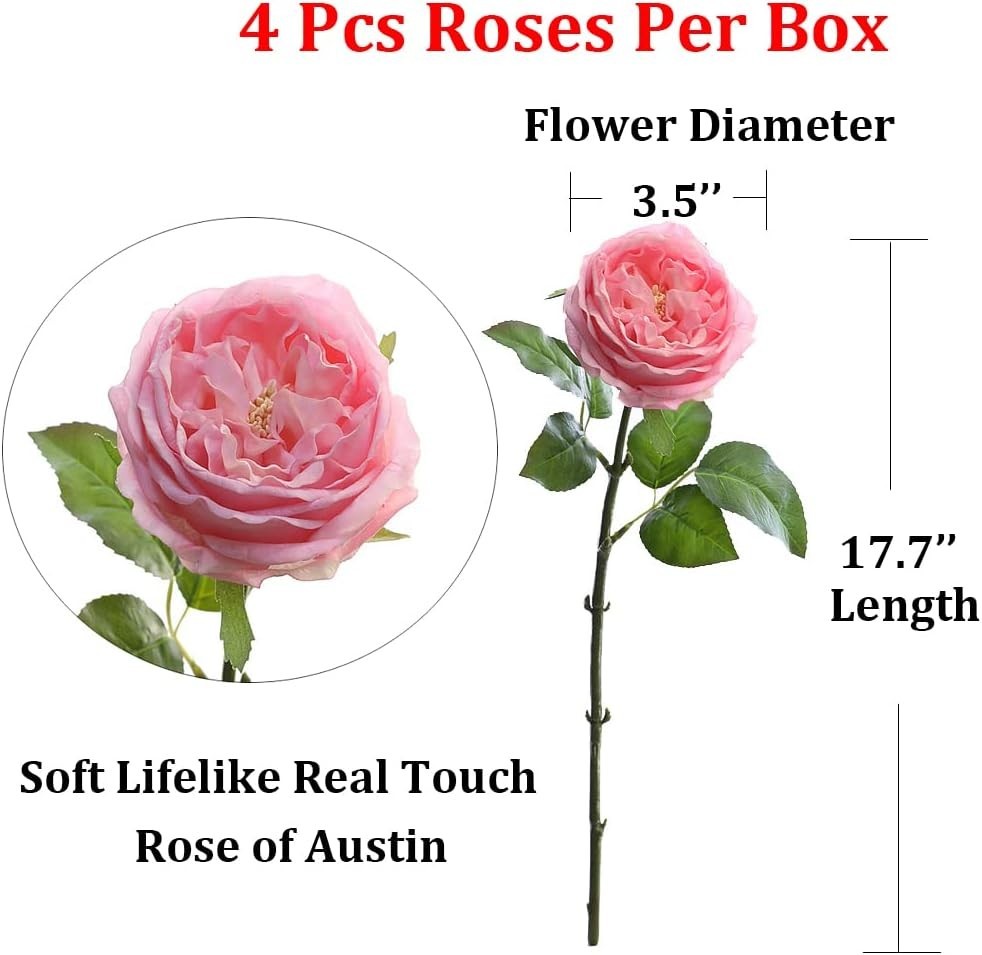 3.5” Big Bloom Rose Artificial Flowers Pink 4Pcs Real Touch Rose Faux 17.7 I…