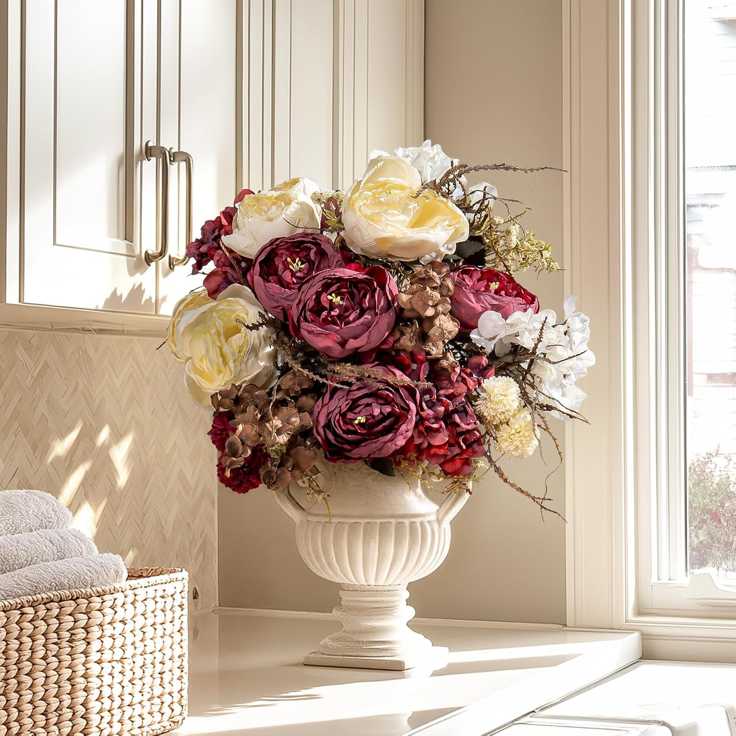 2 Packs Silk Peonies Bouquets – 23 Stems Ivory & Burgundy for Home Decor