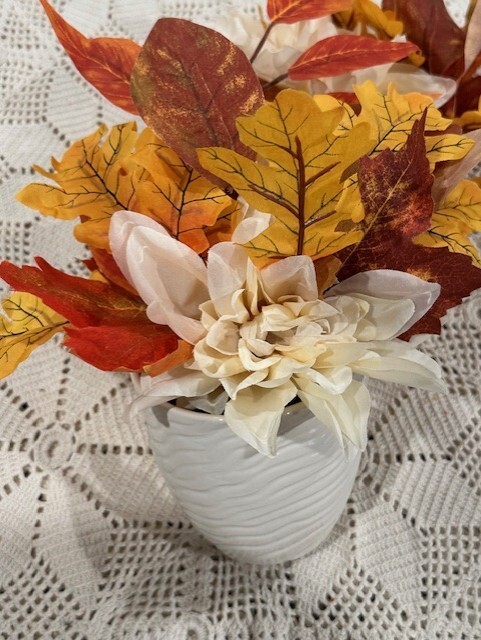 Perfect Harvest Floral Arrangement Fall Colors approx. Orange & white 8-11″ tall