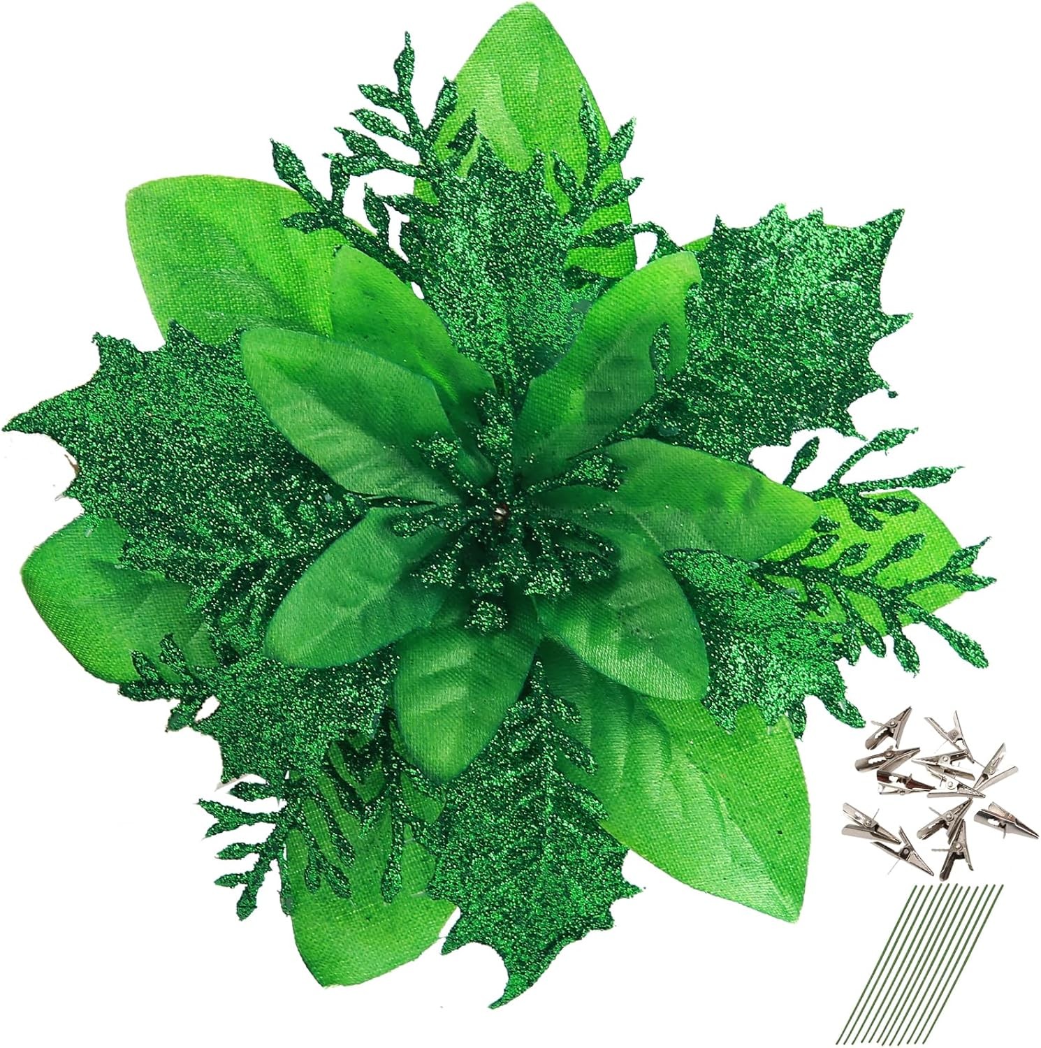 12 Pcs Glitter Poinsettia 5.5″ Artificial Flowers Christmas with Clips Stems …