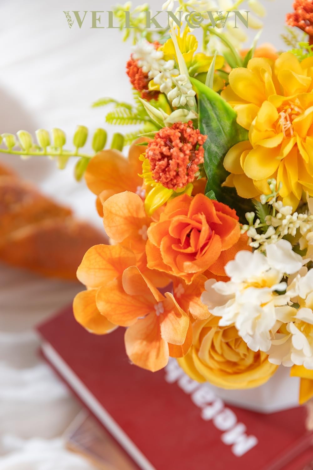 7 Inch Small Fake Flowers in Vase Yellow Orange Silk Centerpiece Arrangement