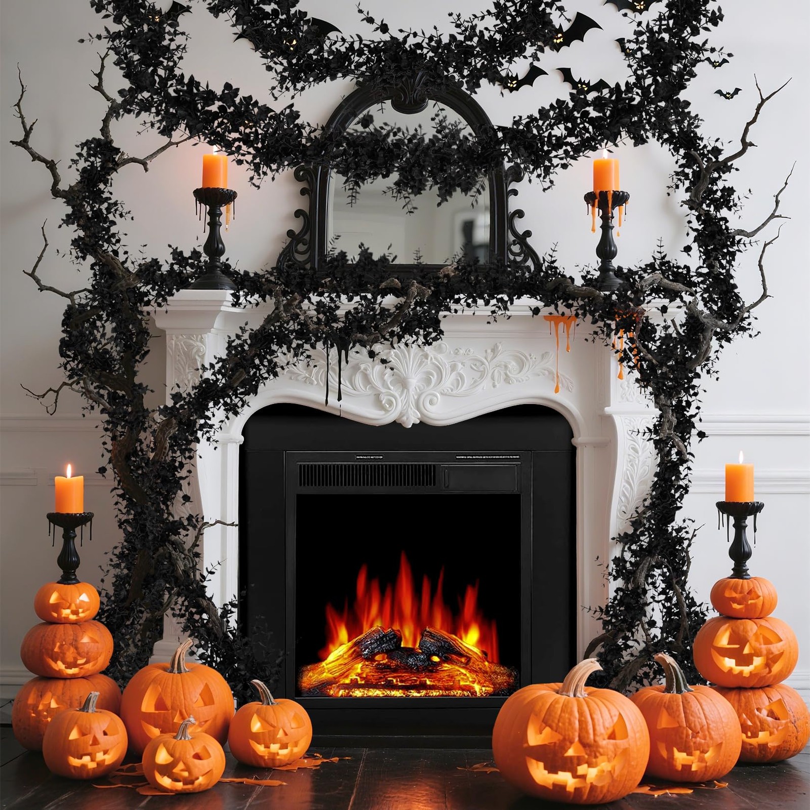 Black Halloween Garland for Mantle- 2PCS 5.9Ft Artificial Black Eucalyptus Ga…