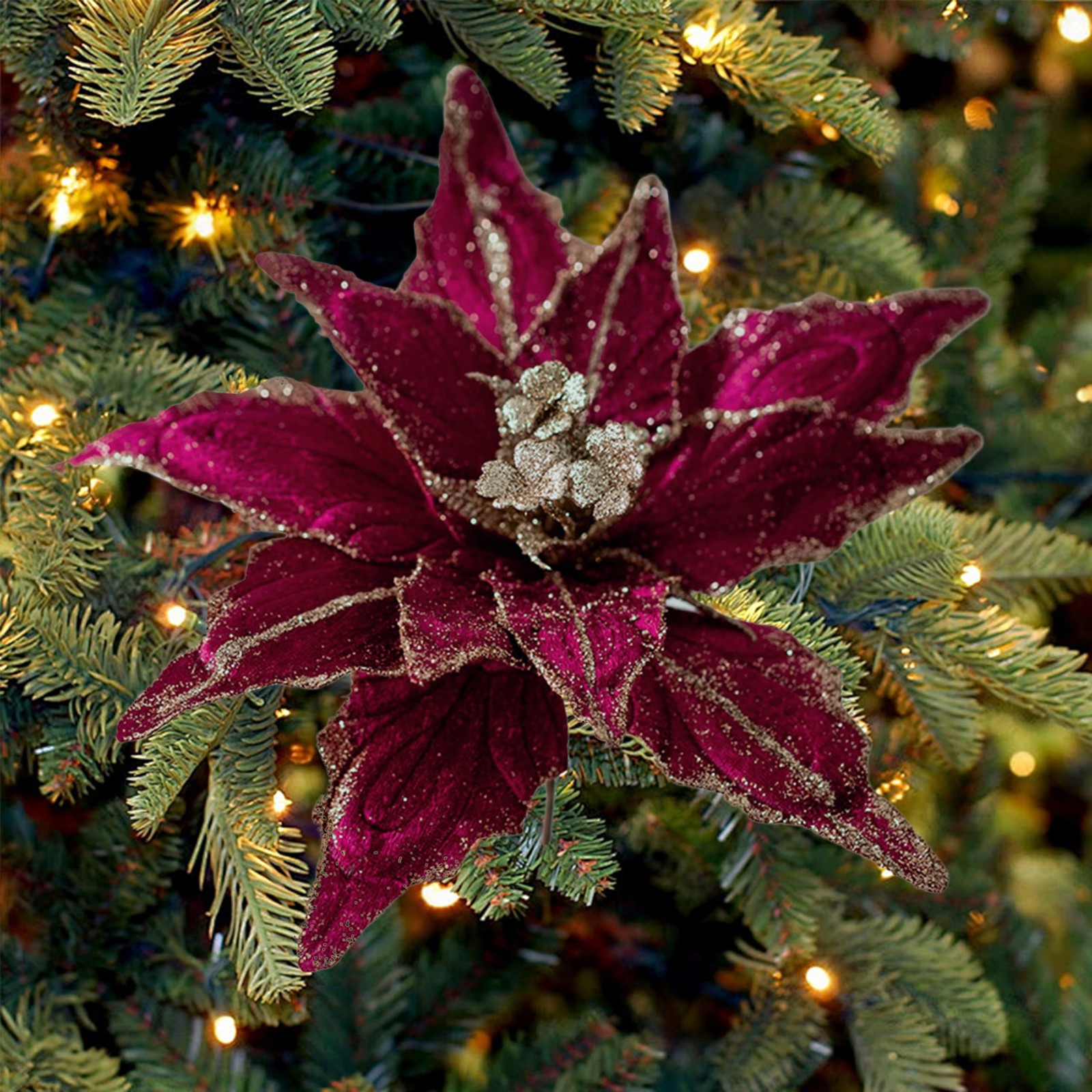 6 PCS Burgundy 11 Inch Artificial Red Velvet Poinsettia Flowers Glitter Decor