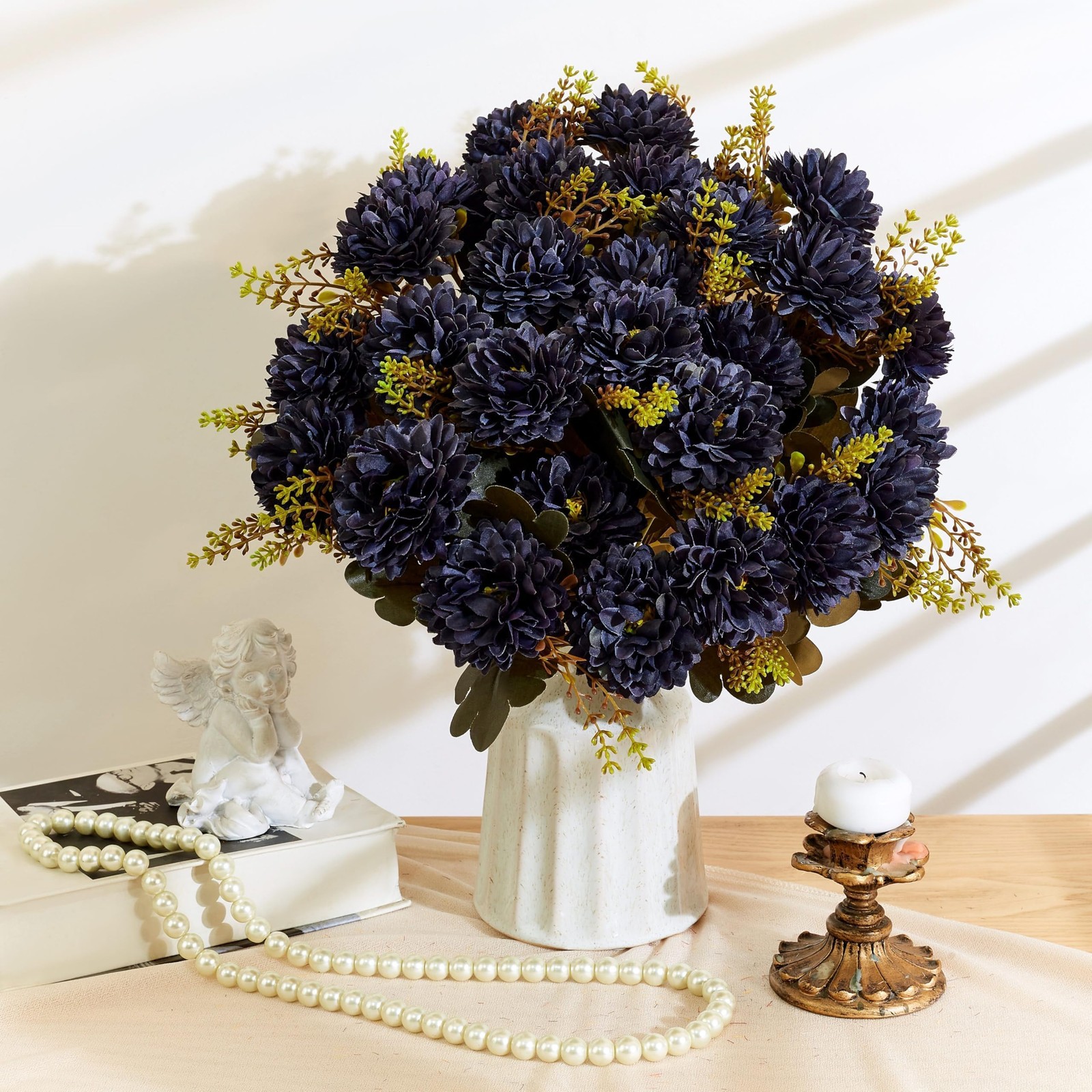 2 PCS 18 Heads Navy Blue Artificial Chrysanthemum Silk Fake Flowers Bouquet