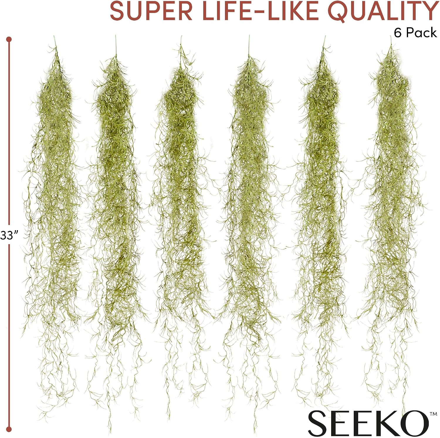Fake Spanish Moss 6 Pack – Artificial Hanging Moss Decor | 33″ Strands, Faux Mos