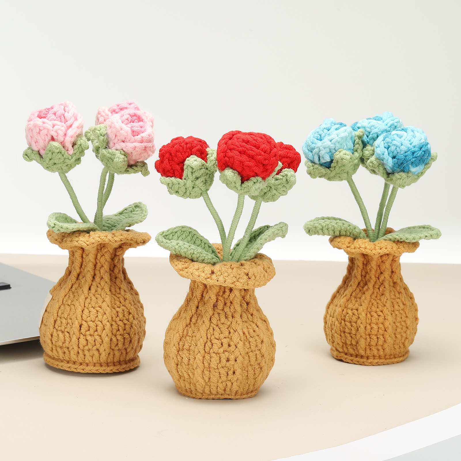 Crochet Flowers Rose Artificial Flowers Little Potted 3 Flowers Gradient Pink