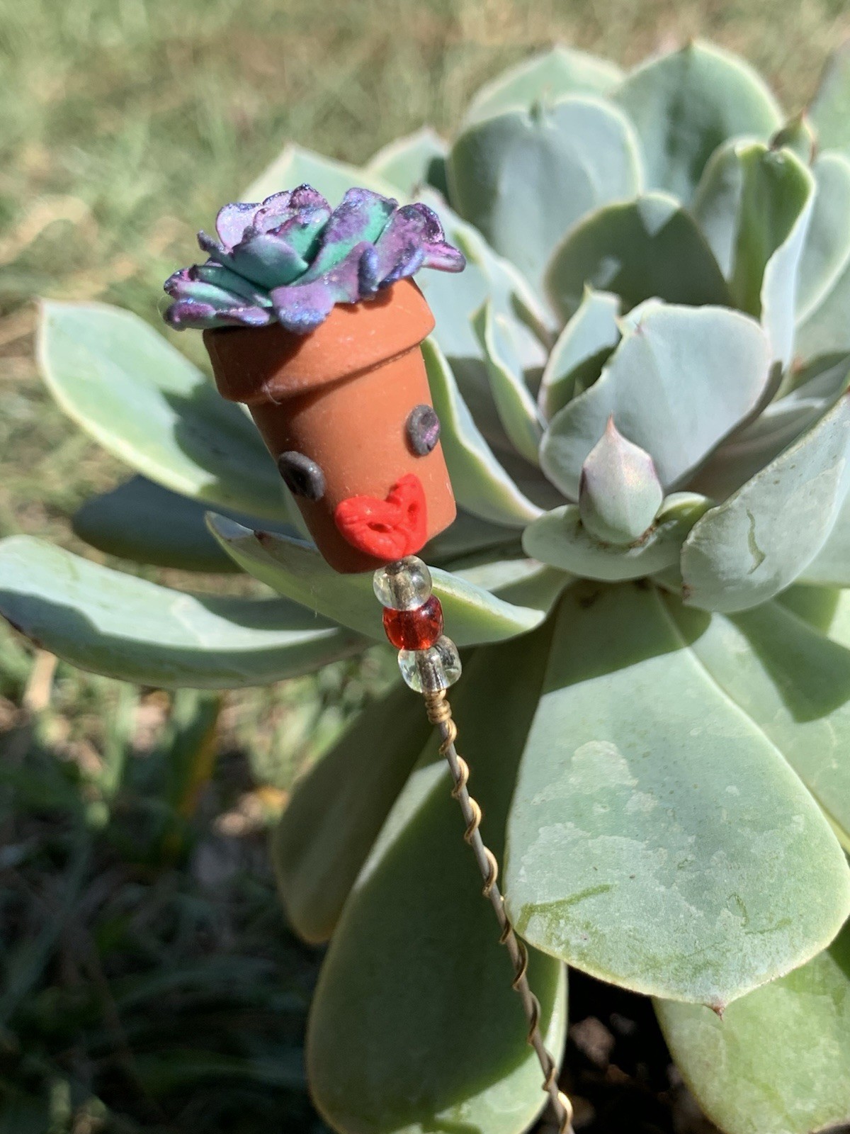 Handmade One Of A Kind Polymer Clay Plant Stick “Pothead” Plant Deco