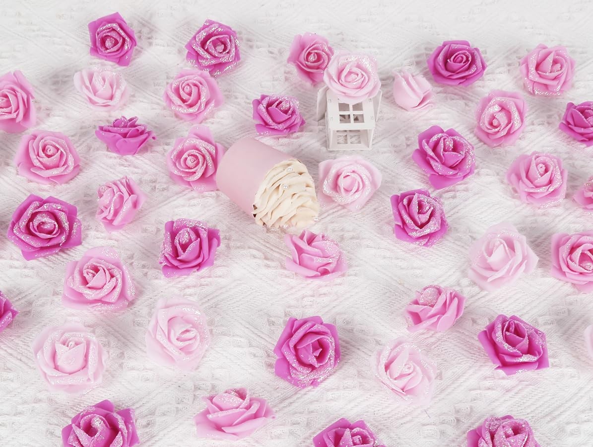 200 PCS Mixed Pink Foam Flowers 1.97 Inch Glitter Artificial Roses Crafts