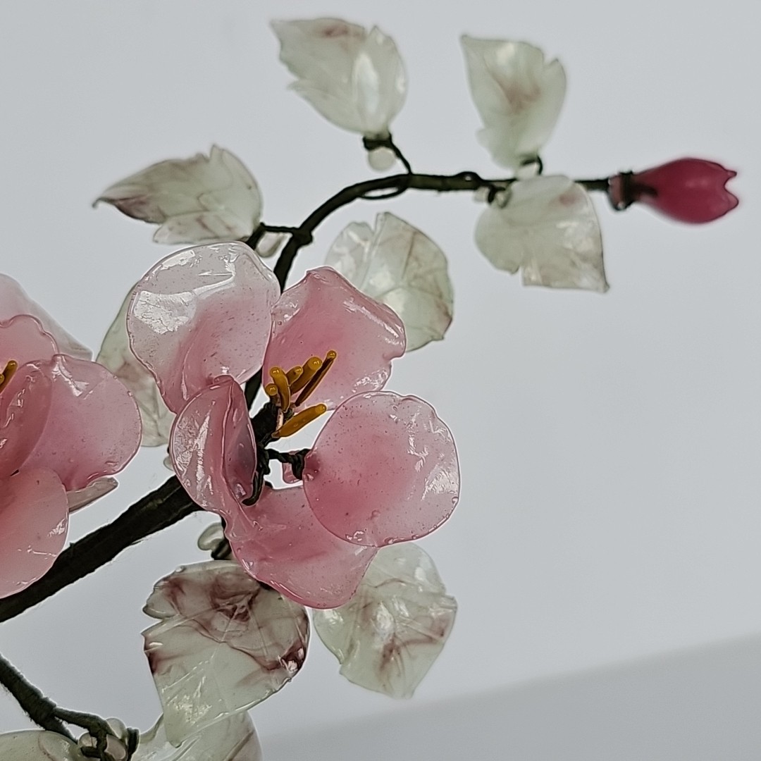 Vintage Chinese Glass Bonsai Tree Pink Cherry Blossom Celadon Pot Chinoiserie