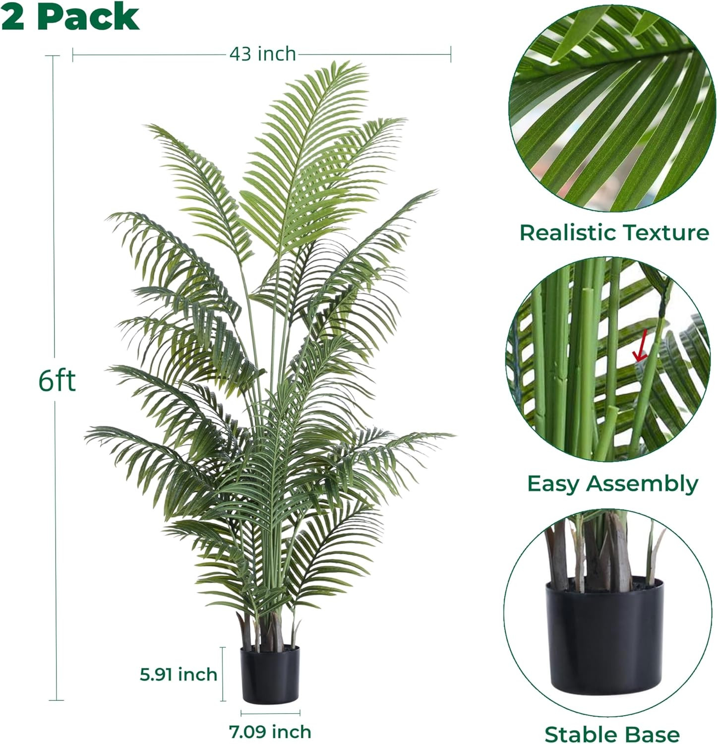6FT Tall Artificial Palm Trees, Potted Plant (2 Pack) Tropical Areca Palm, UV Re