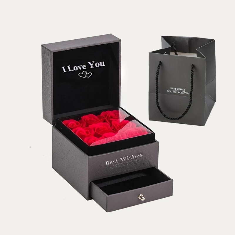 Preserved Eternal Real Rose Flower Gift Box With 14K Gold Plated Necklace silver