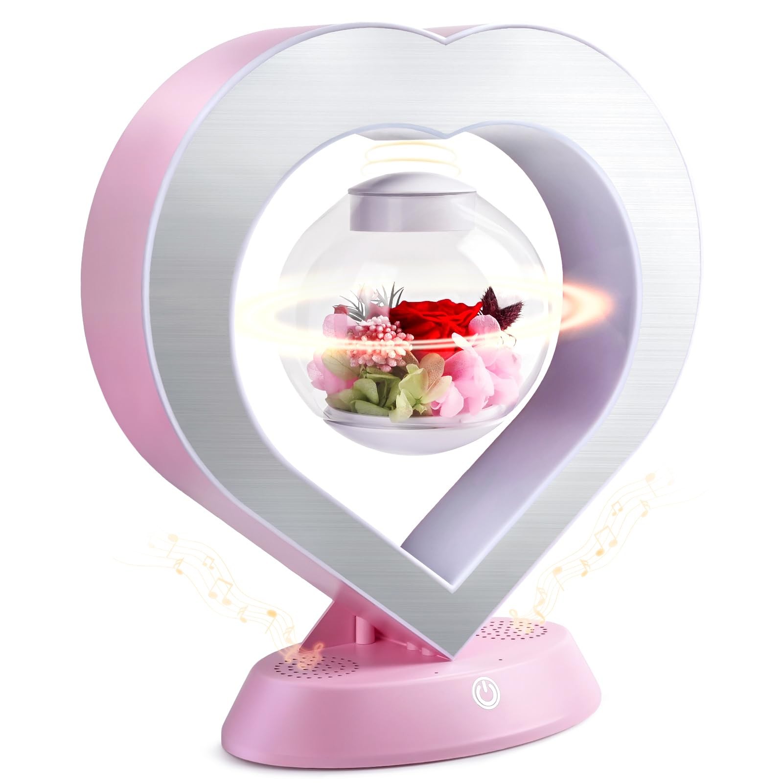 Heart Preserved Rose Flowers with Bluetooth Speakers, 5W Pink Magnetic Levita…