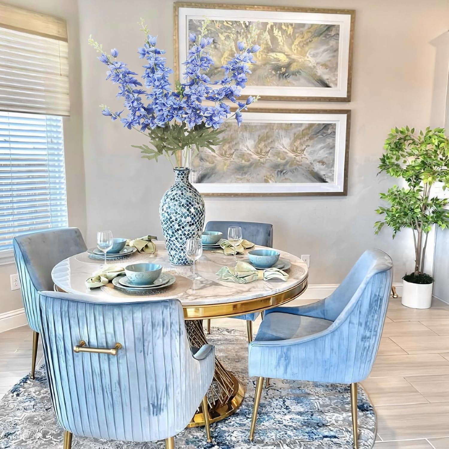 4PCS Blue Delphinium Artificial Silk Flowers 33.5″ Long Stem for Home & Wedding