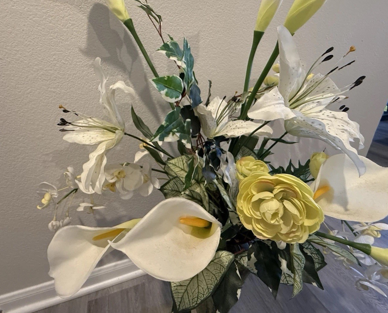Silk Floral White Callas Lillies Yellow Roses And White Orchids Set In Textured