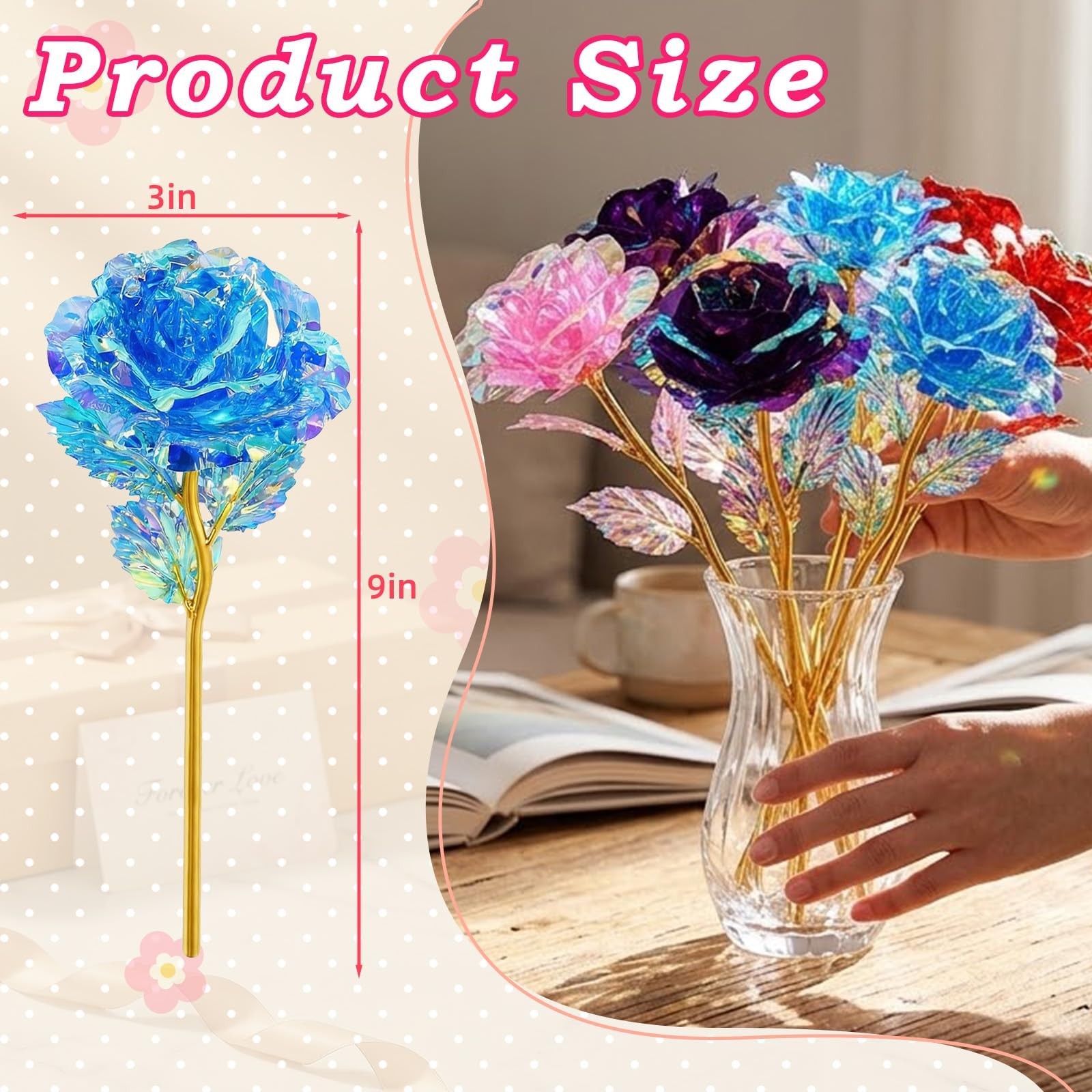 Wowagoga 12 Pcs 24K Galaxy Rose Artificial Flowers, 4 Colors 9 x 3 inches, 1