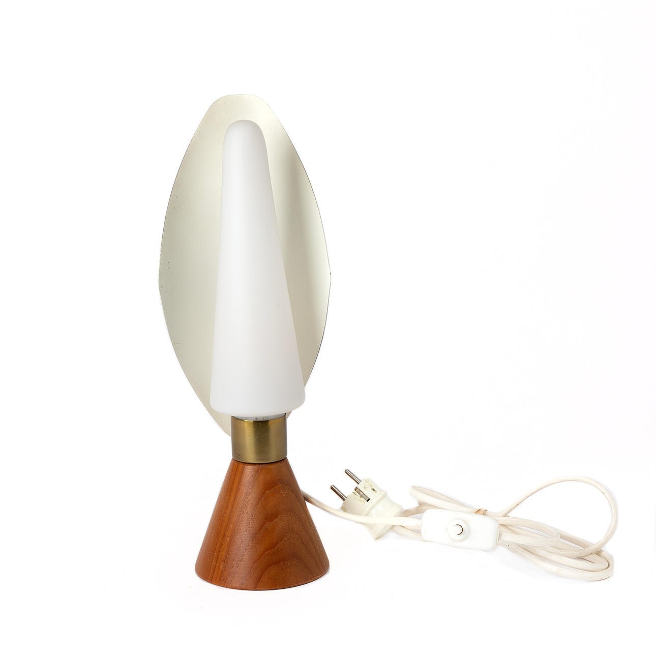 Mid-Century Modern Table Lamp | Wood & Brass Desk Light | Opal Glass Shade | Ret