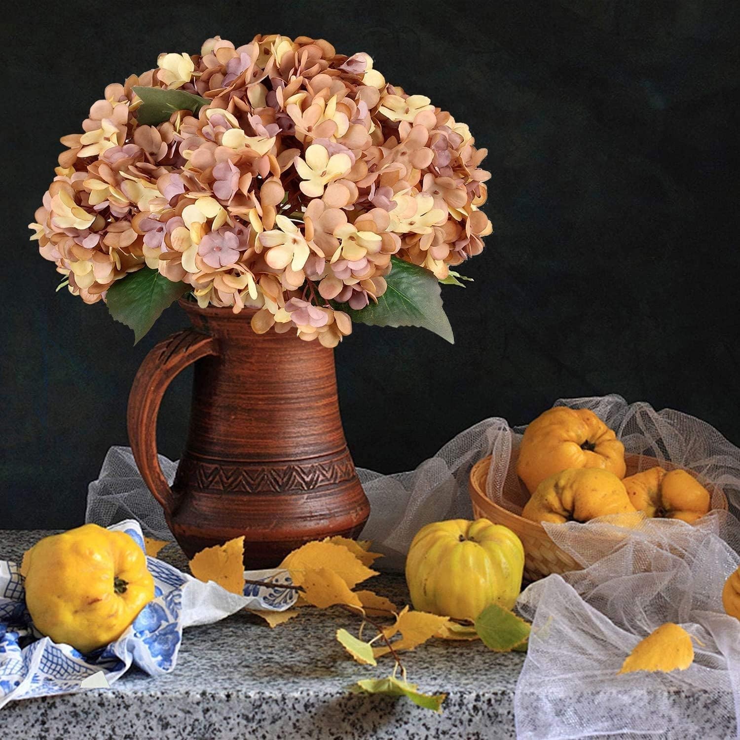 Silk Faux Hydrangea Flowers 6 Pack Autumn Yellow Indoor Outdoor Decor