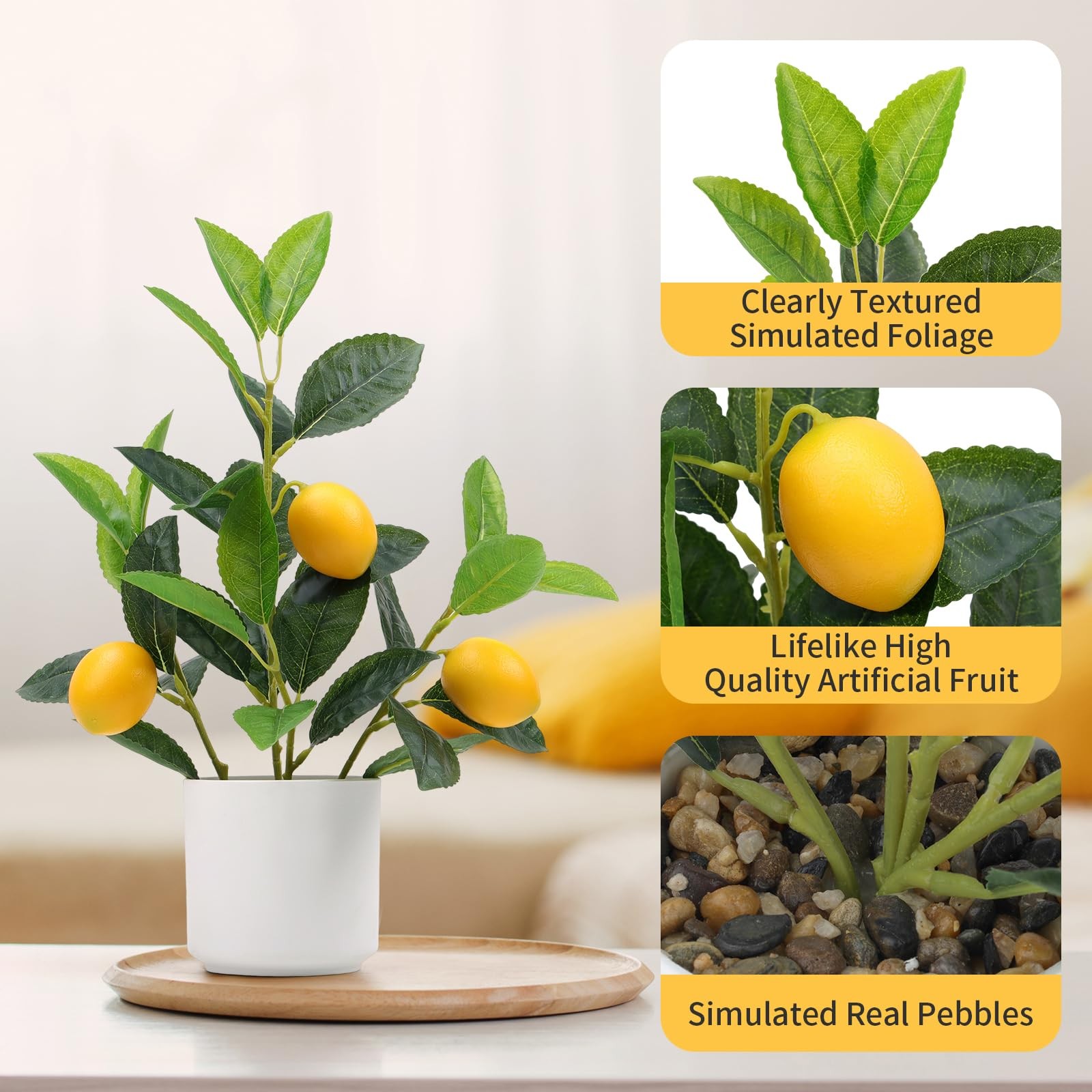 Artificial Yellow Lemon Plant White Pot 14.5 Inch Faux Branch Potted Greenery